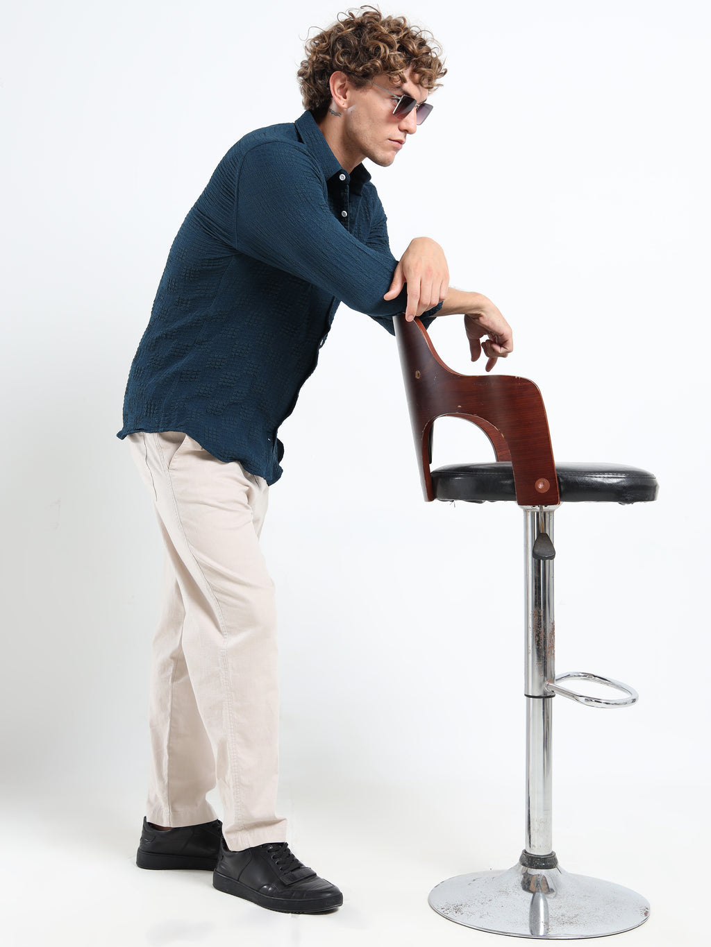 Men’s Teal Blue Textured Check Casual Shirt