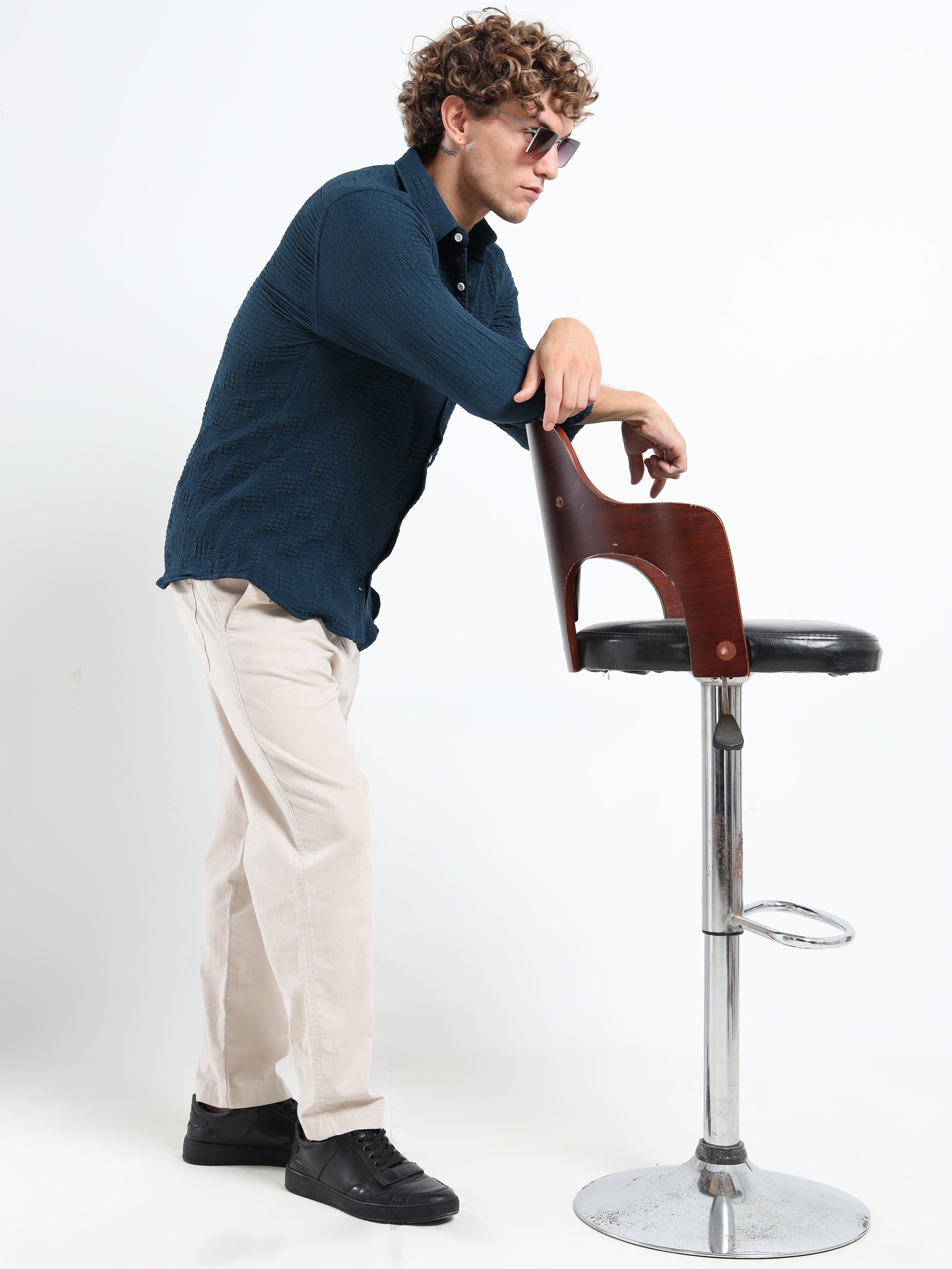 Men’s Teal Blue Textured Check Casual Shirt