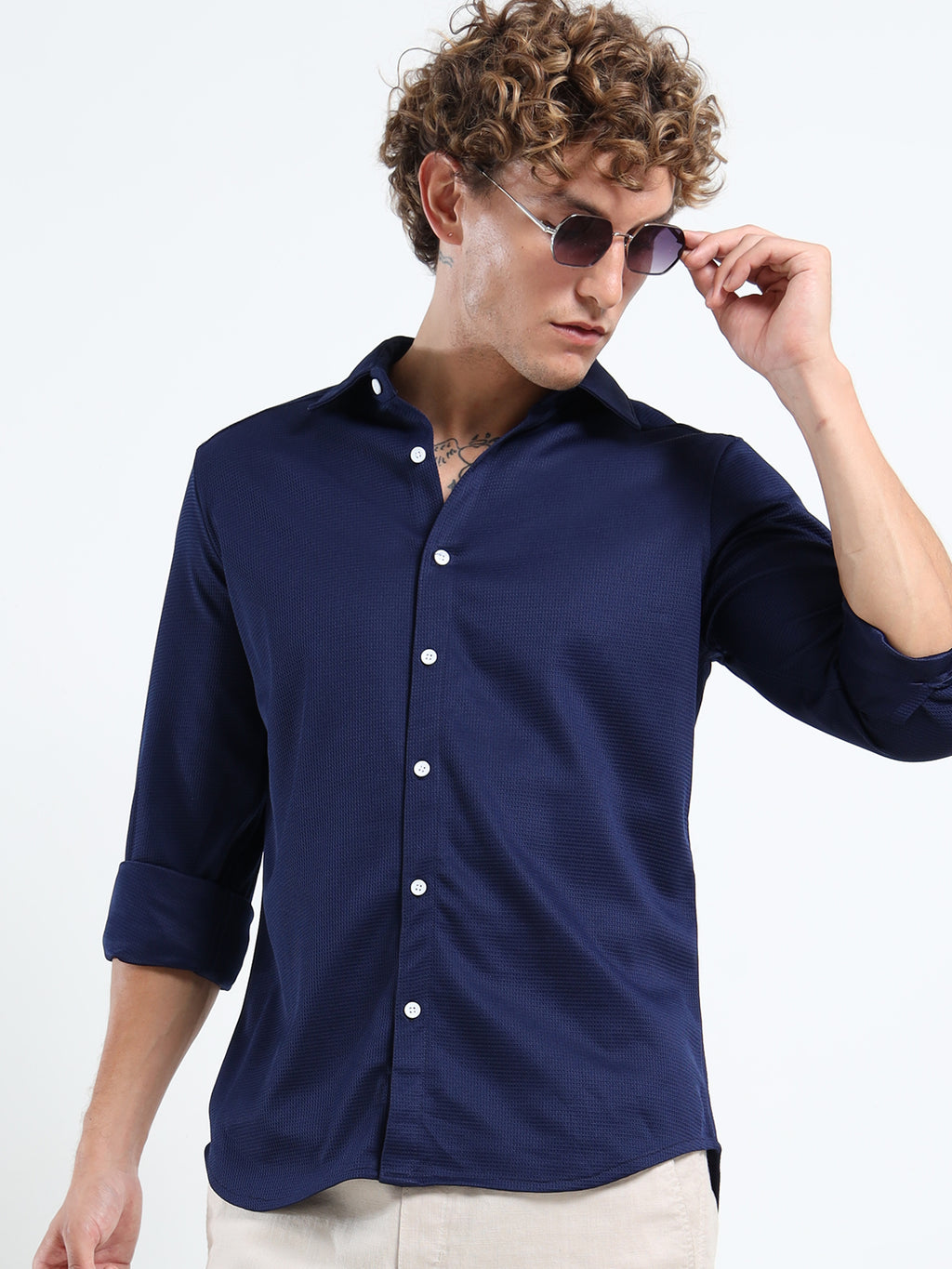 Men’s Navy Blue Textured Micro-Pattern Shirt