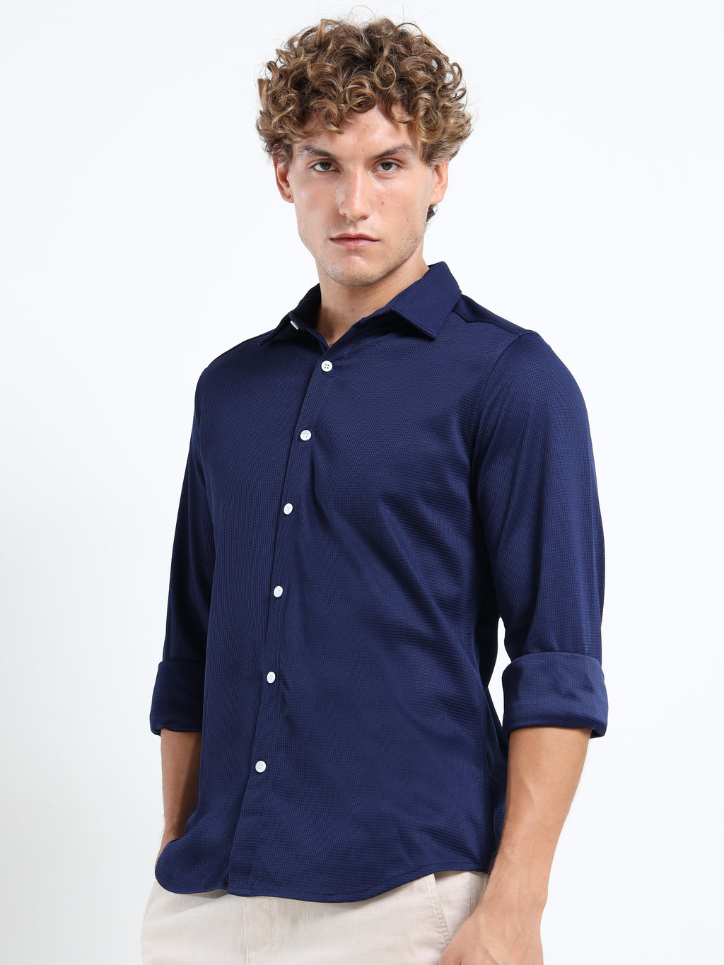 Men’s Navy Blue Textured Micro-Pattern Shirt