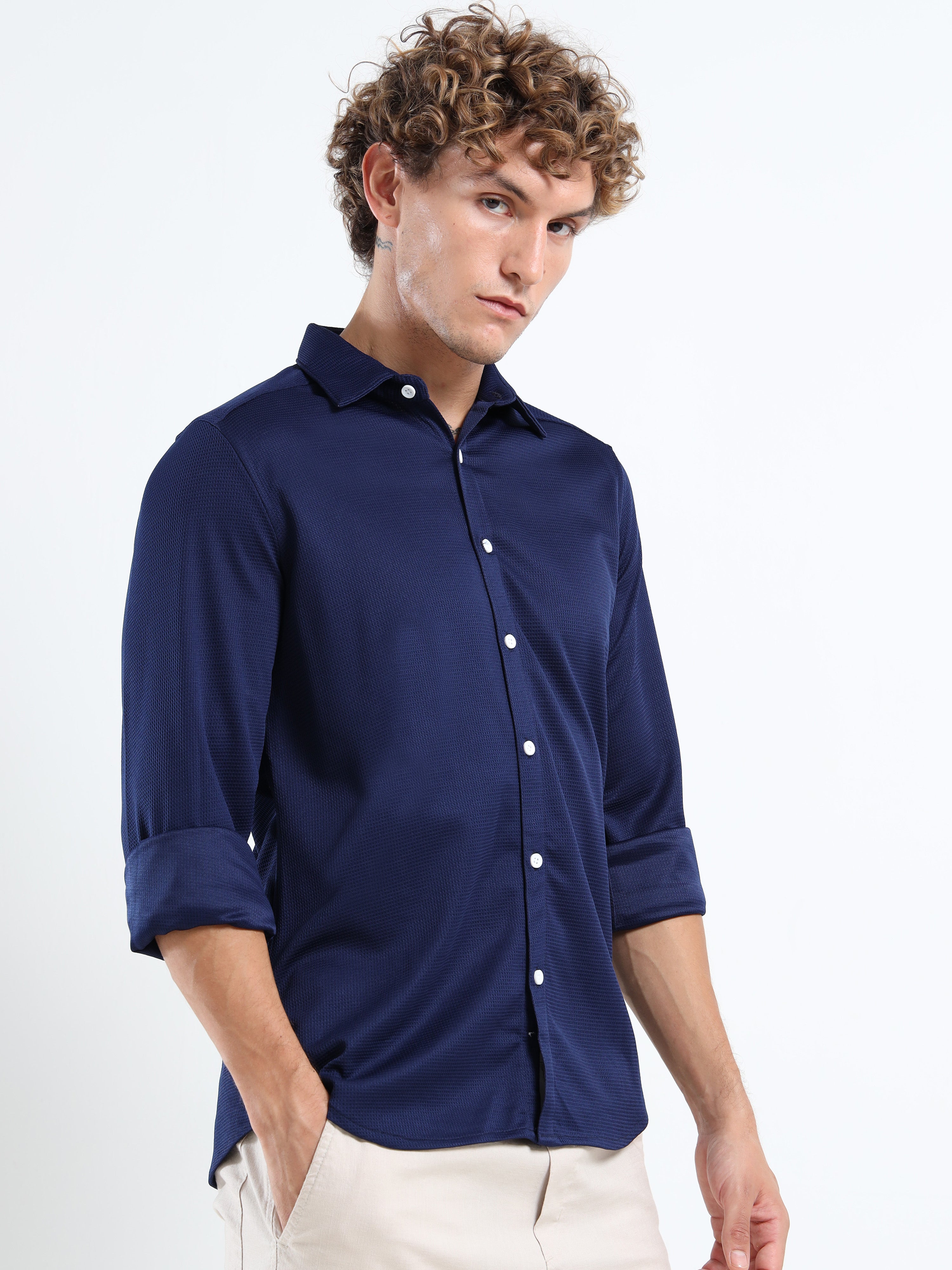 Men’s Navy Blue Textured Micro-Pattern Shirt