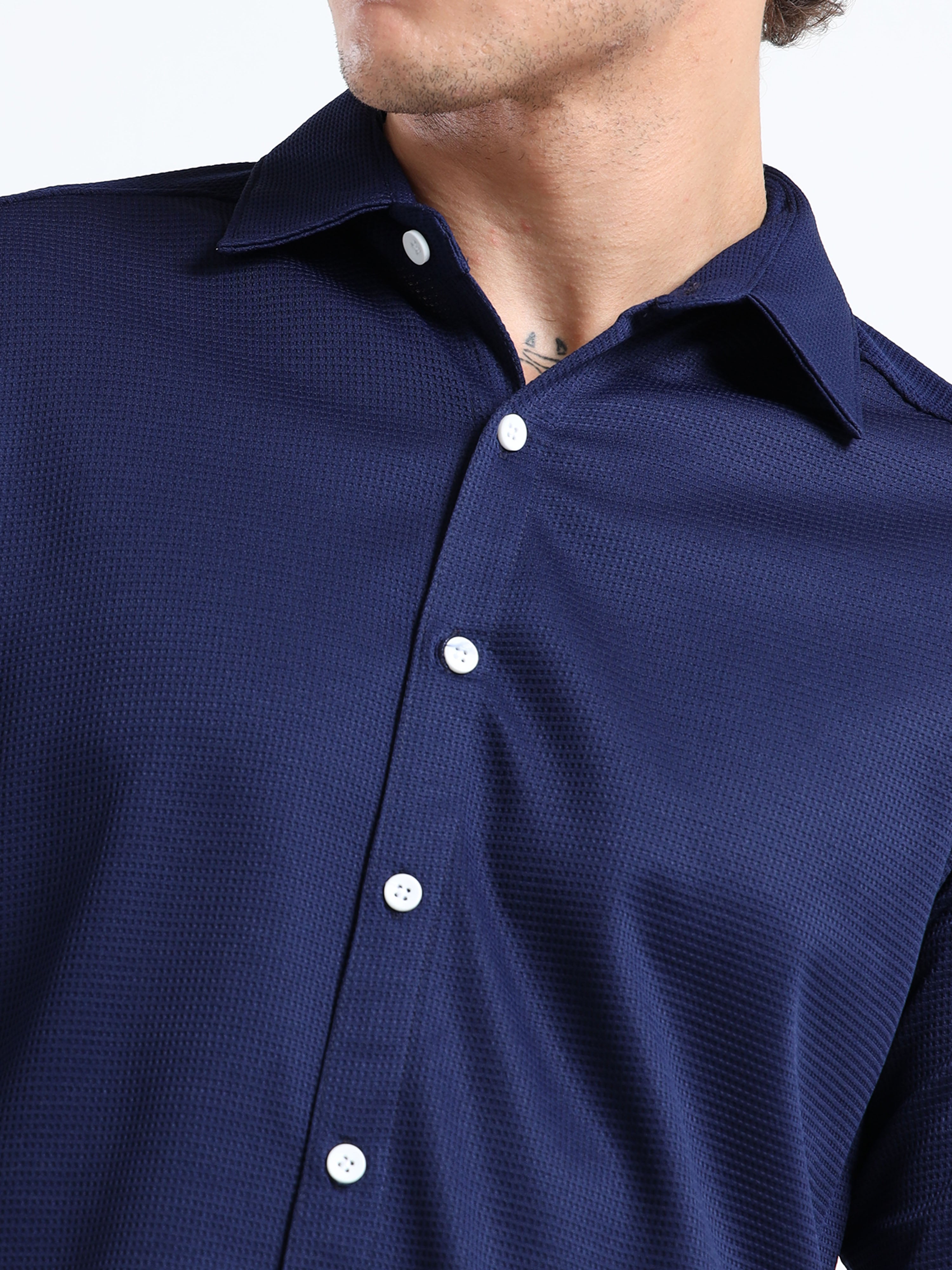 Men’s Navy Blue Textured Micro-Pattern Shirt