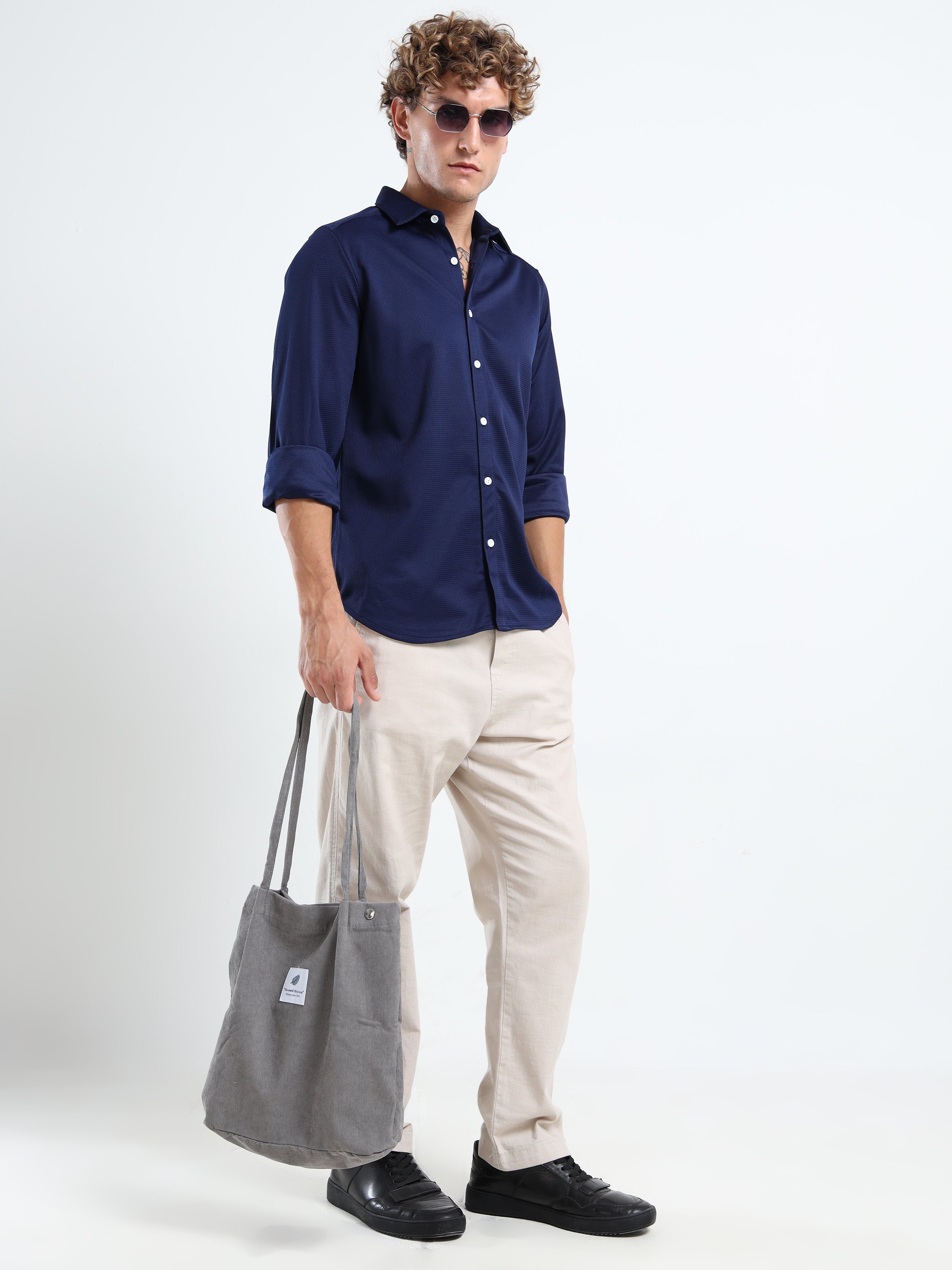 Men’s Navy Blue Textured Micro-Pattern Shirt