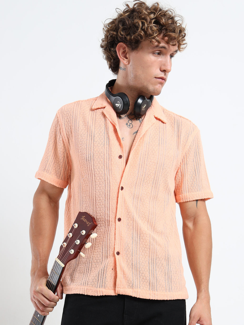 Men's Textured Cuban Collar Casual Peach Shirt