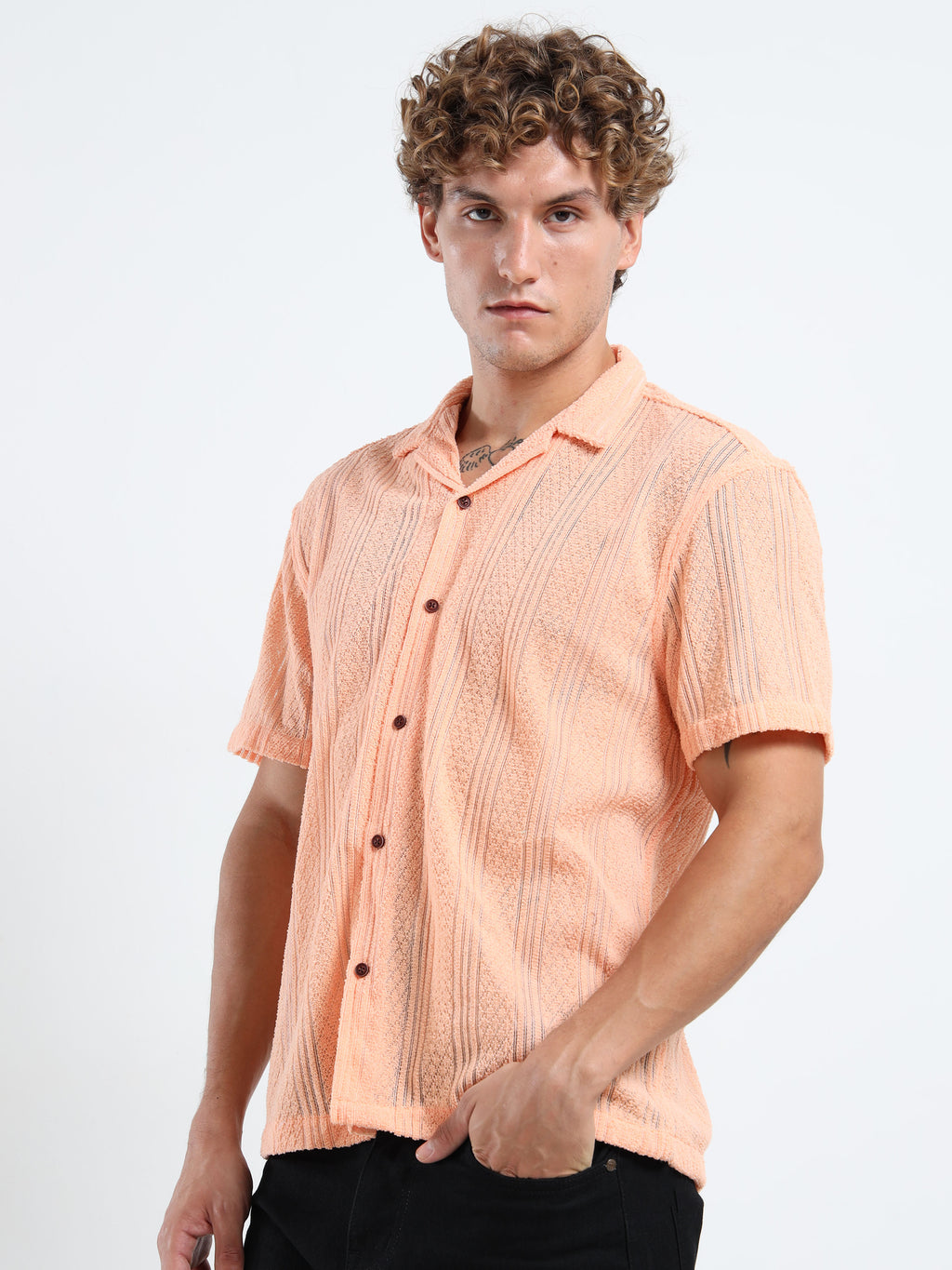 Men's Textured Cuban Collar Casual Peach Shirt