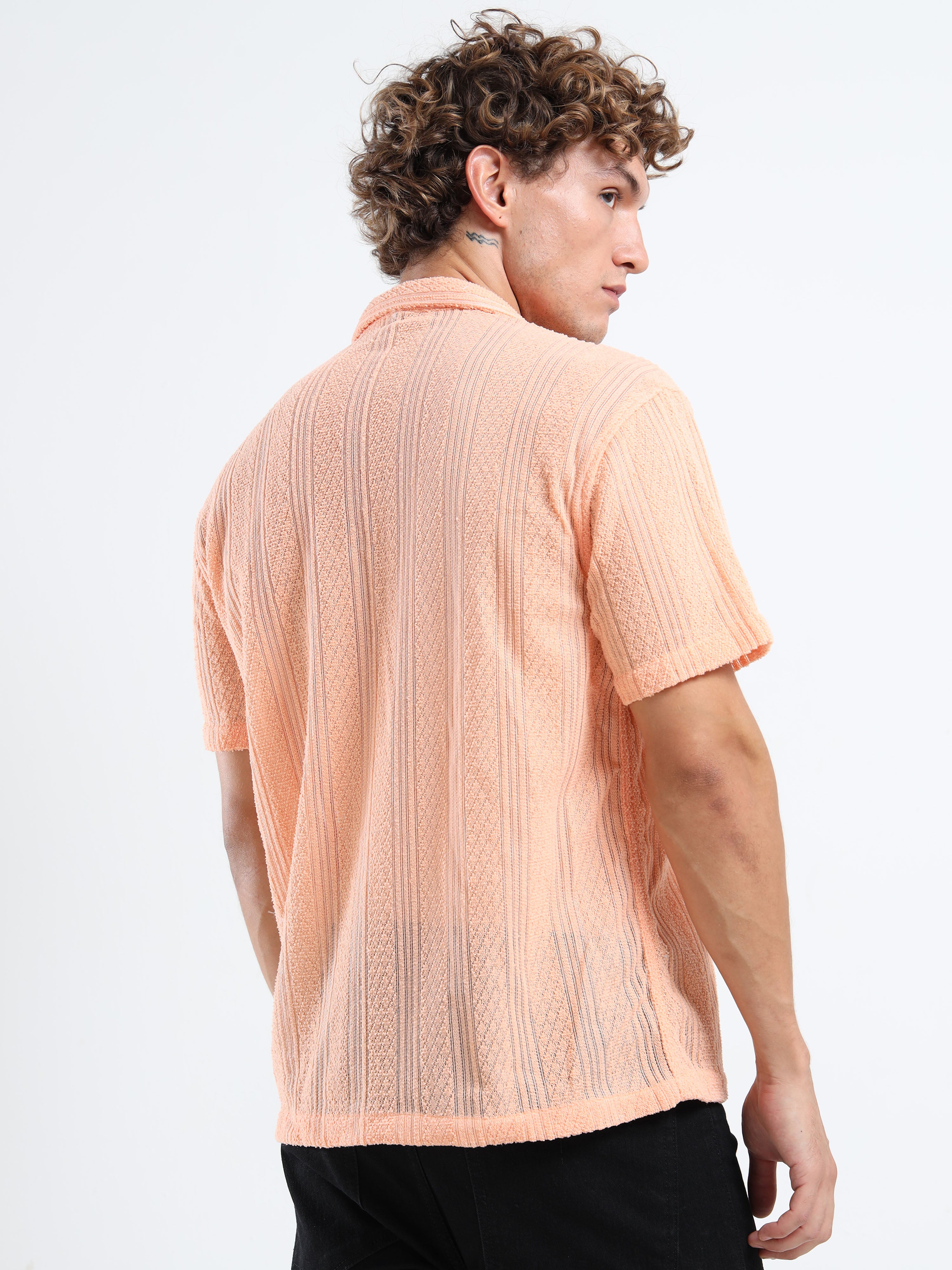 Men's Textured Cuban Collar Casual Peach Shirt