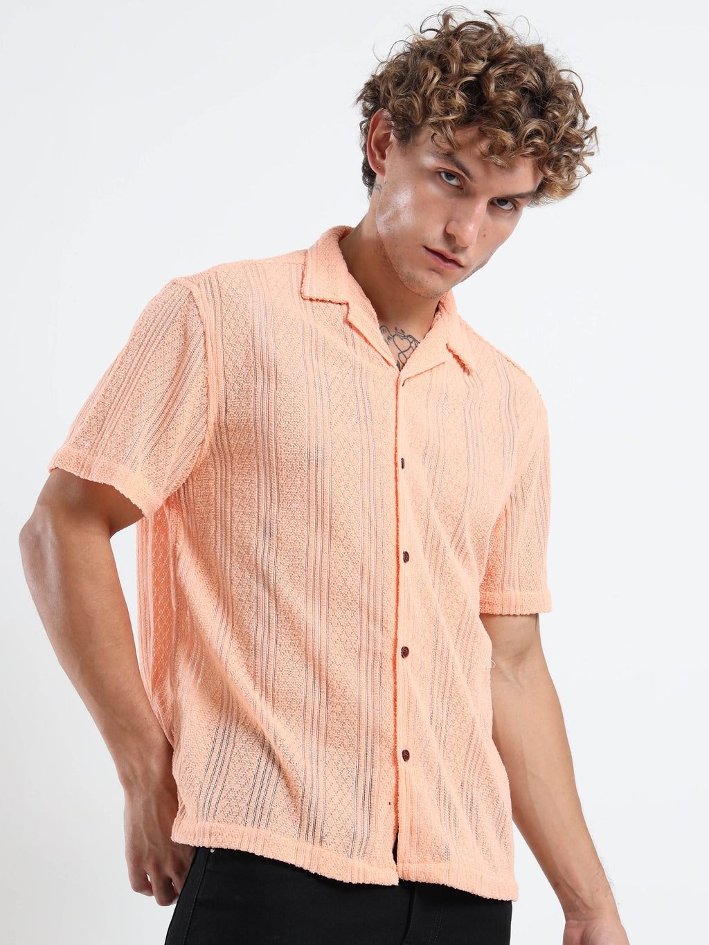 Men's Textured Cuban Collar Casual Peach Shirt