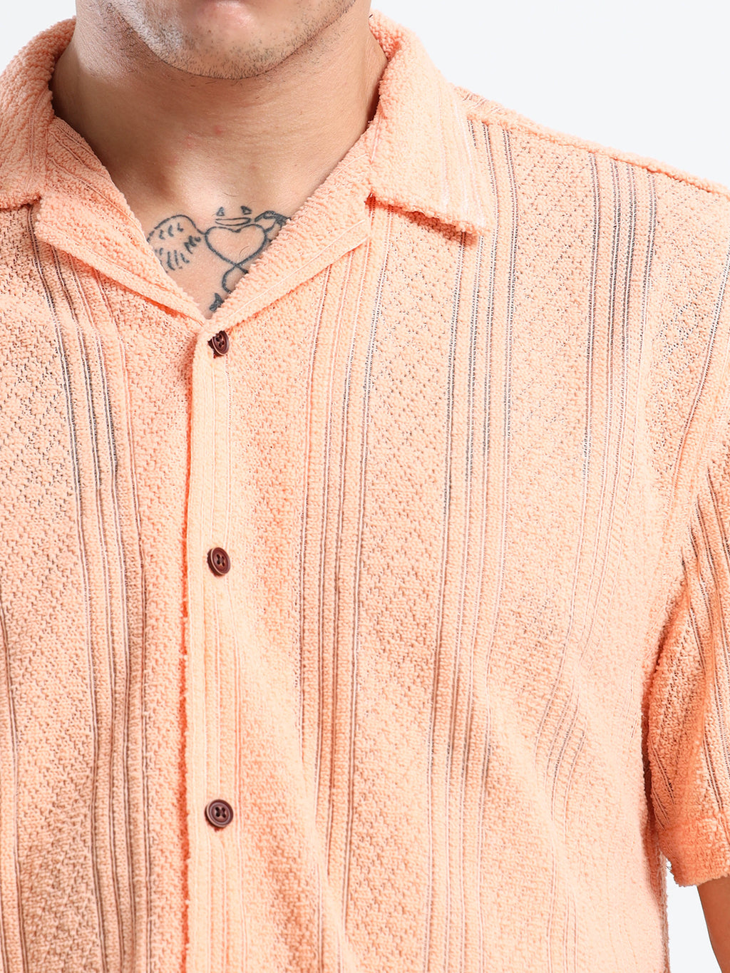 Men's Textured Cuban Collar Casual Peach Shirt