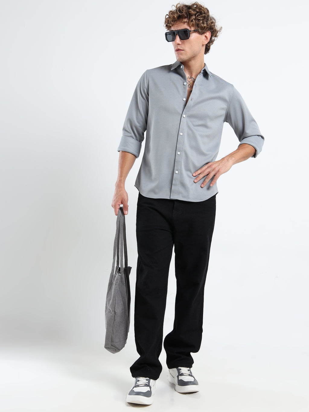 Men’s Grey Textured Micro-Pattern Shirt