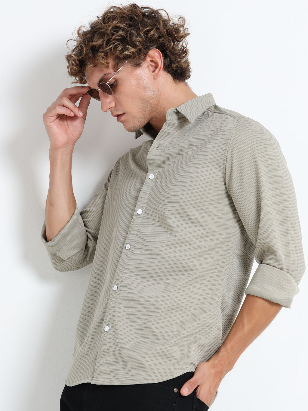 Men’s Sage Green Textured Micro-Pattern Shirt