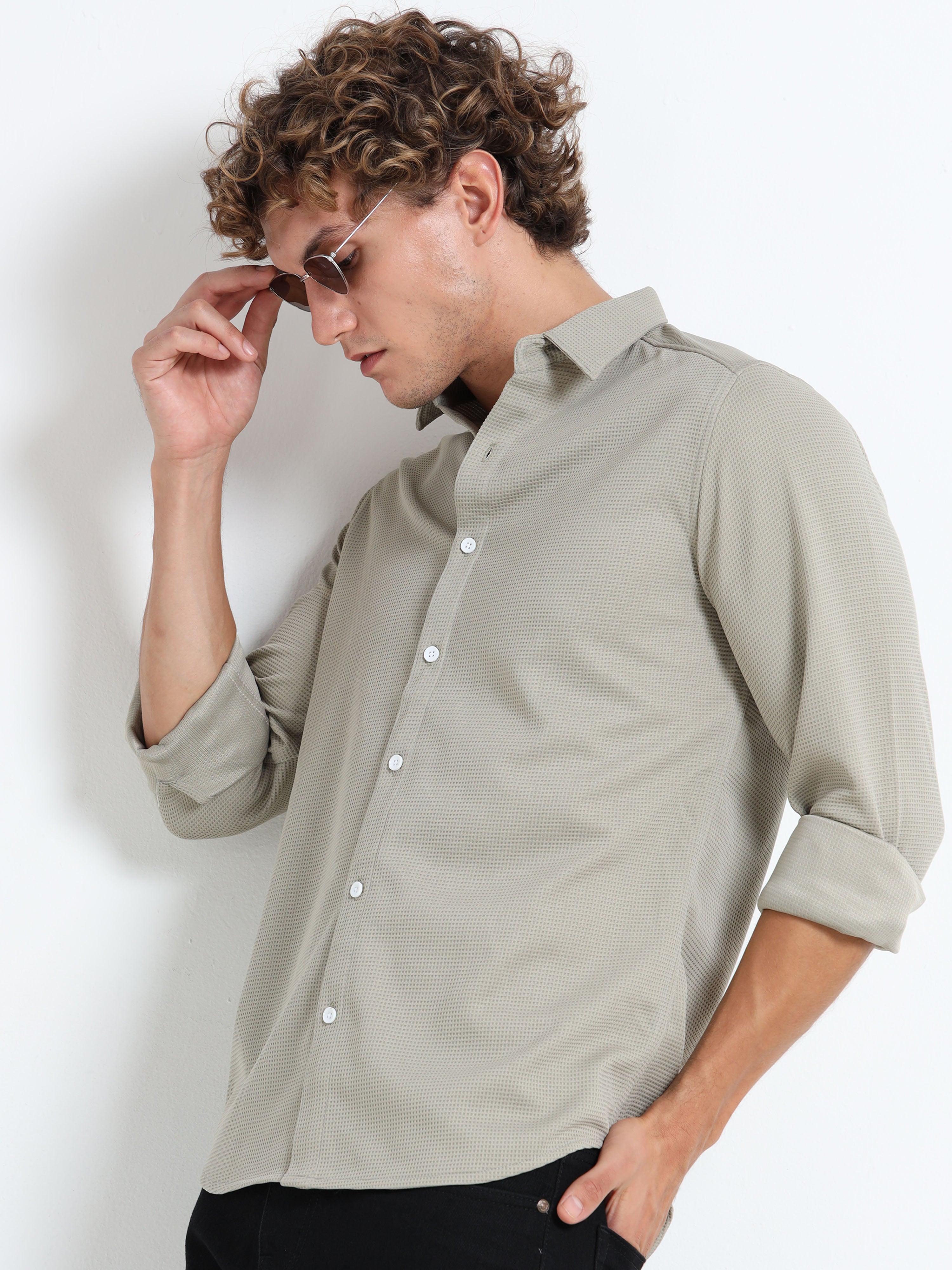 Men’s Sage Green Textured Micro-Pattern Shirt