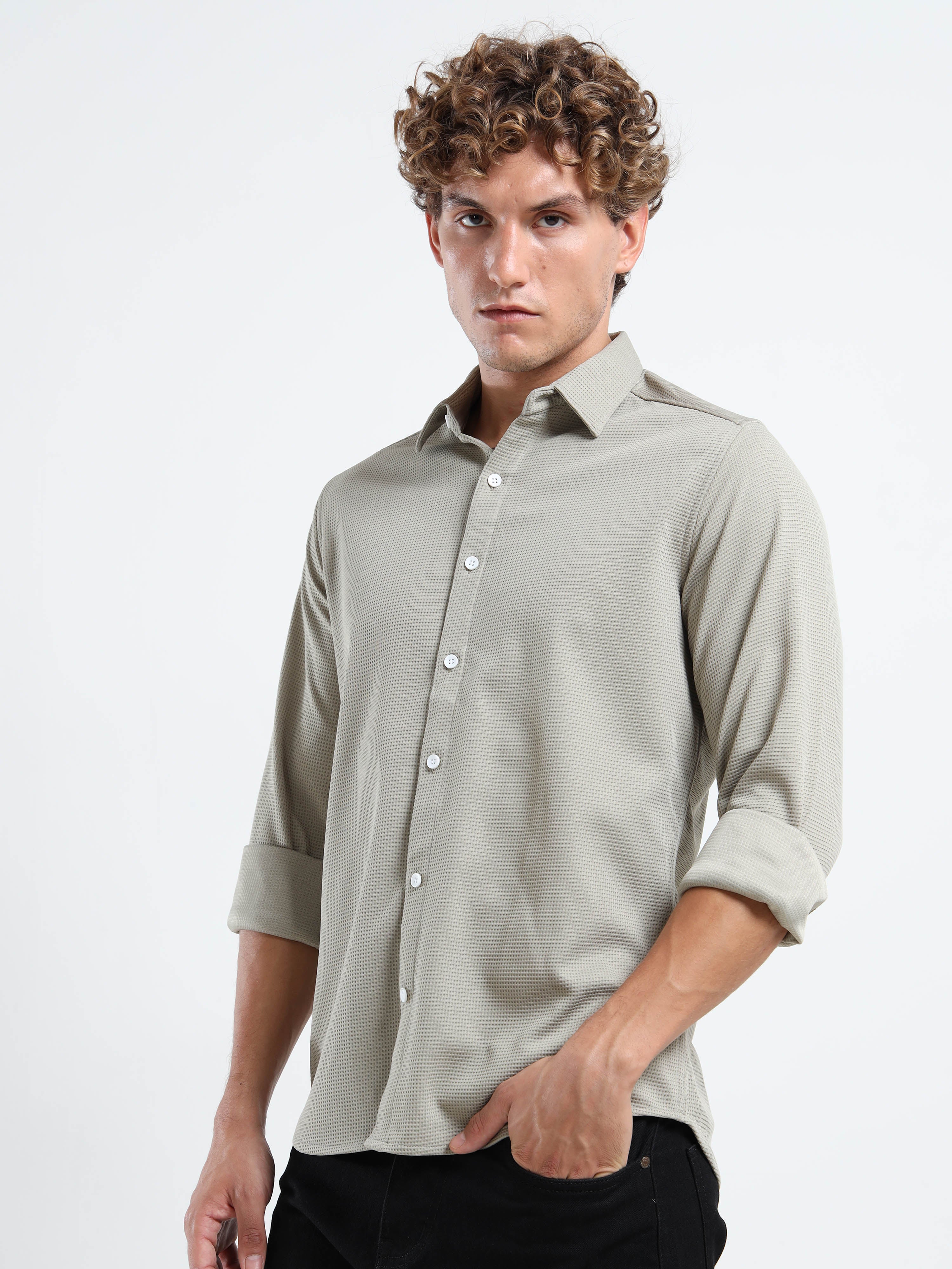 Men’s Sage Green Textured Micro-Pattern Shirt
