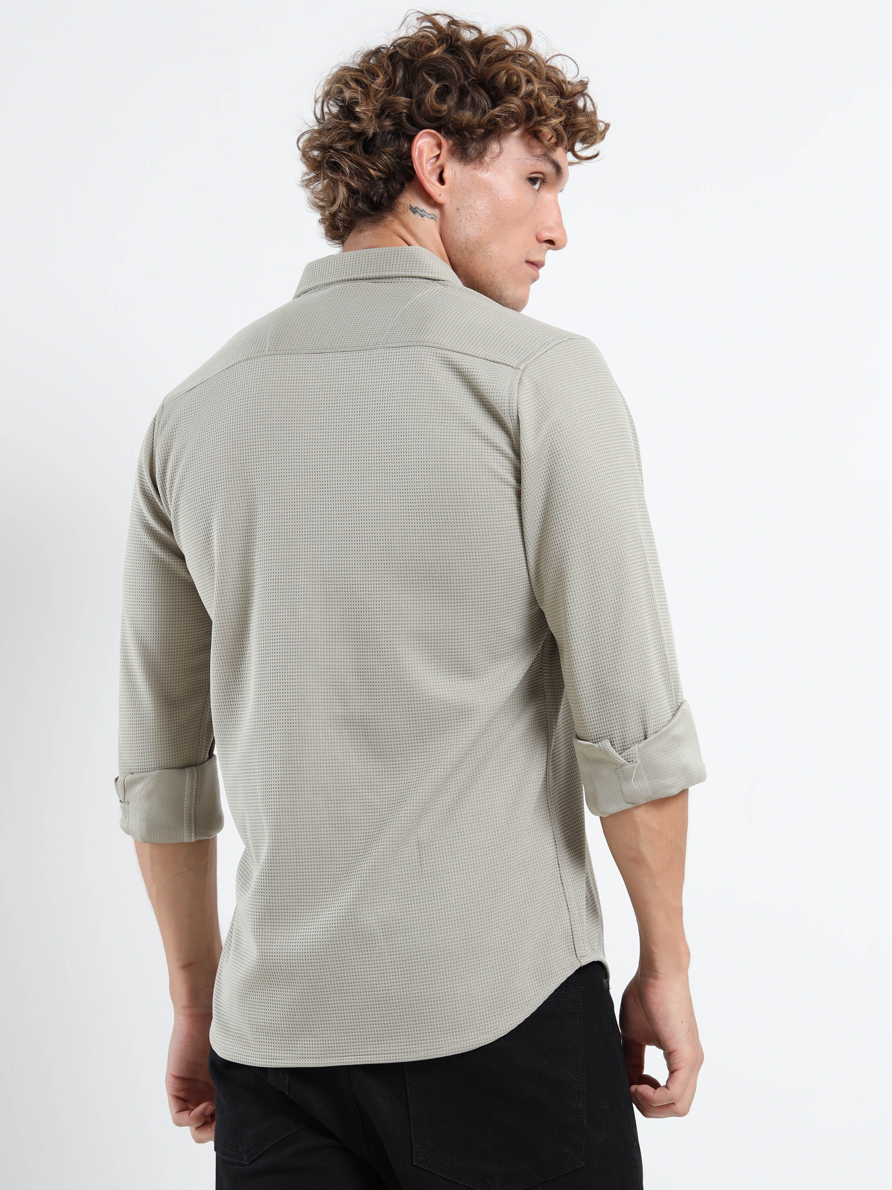 Men’s Sage Green Textured Micro-Pattern Shirt