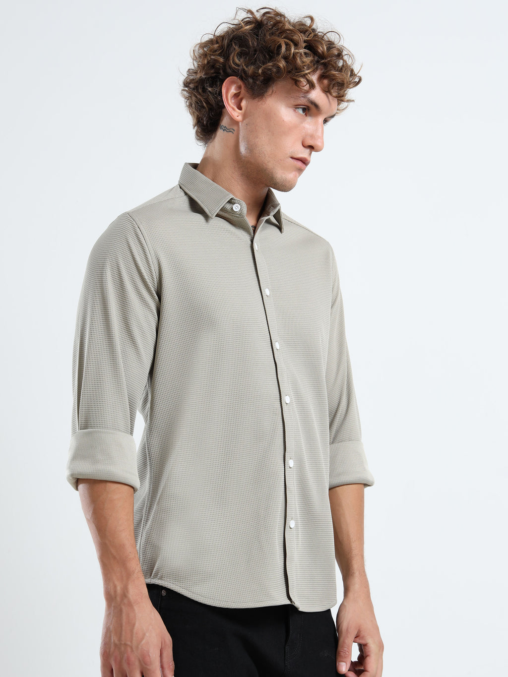 Men’s Sage Green Textured Micro-Pattern Shirt