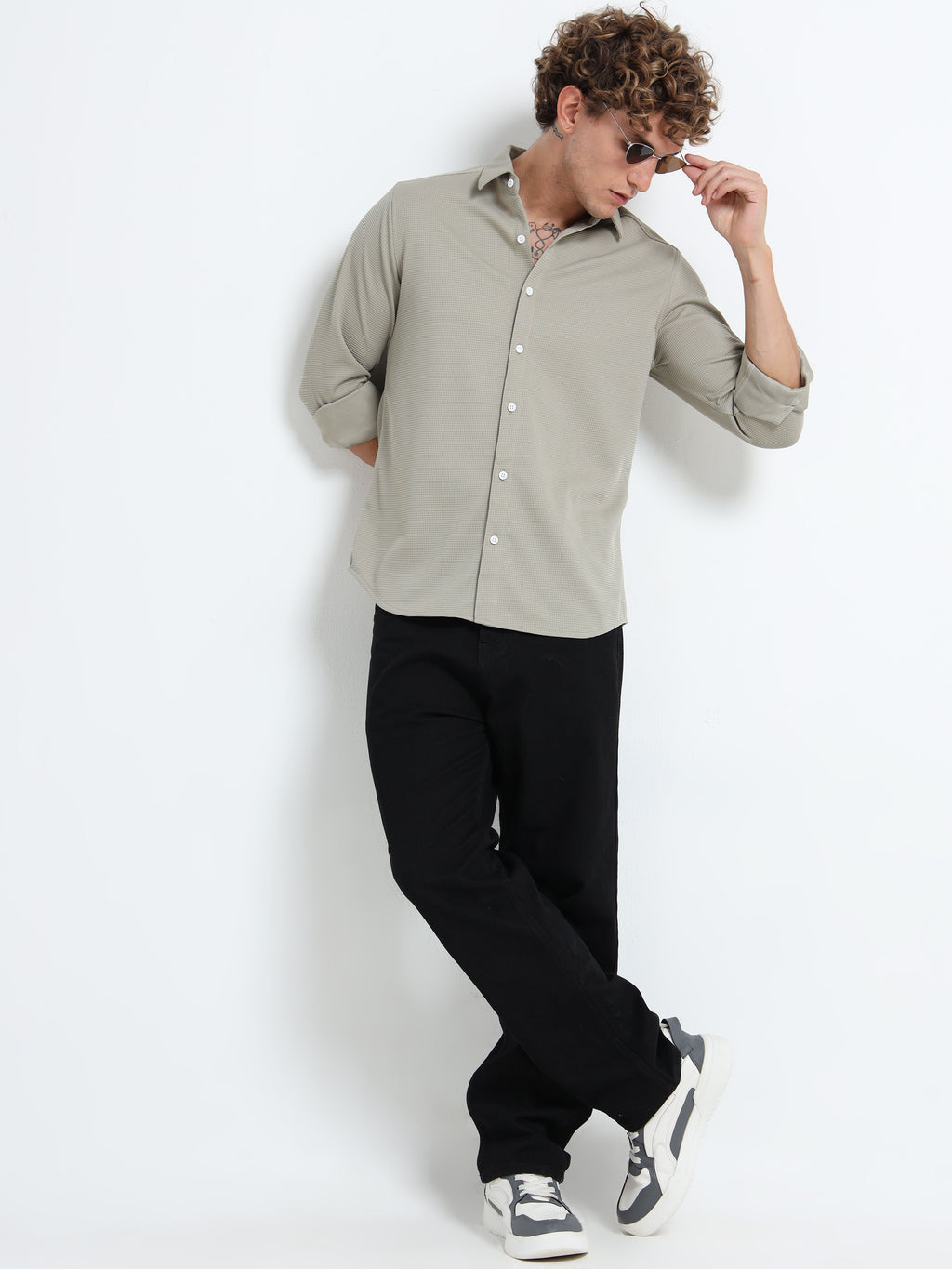 Men’s Sage Green Textured Micro-Pattern Shirt