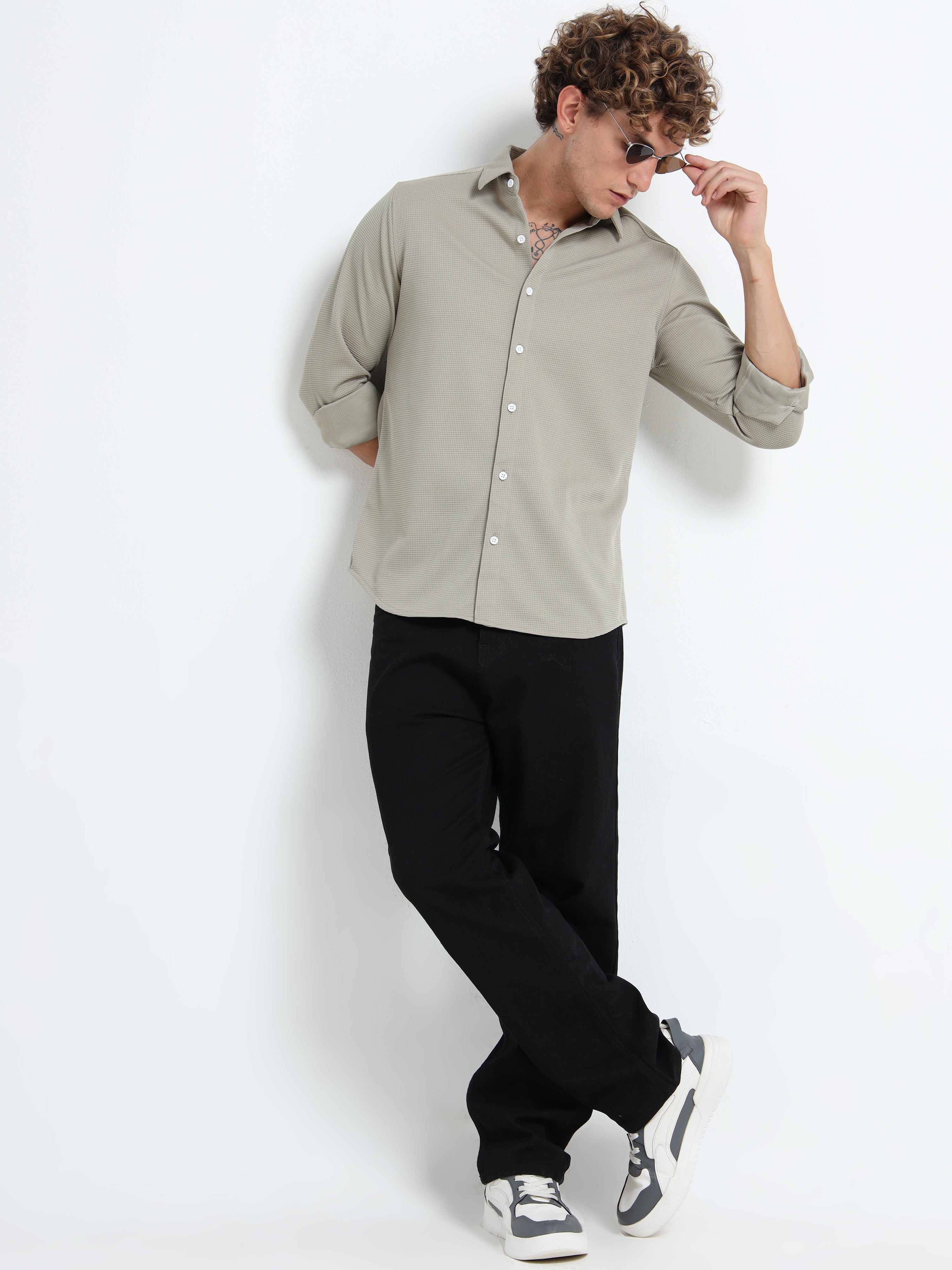 Men’s Sage Green Textured Micro-Pattern Shirt