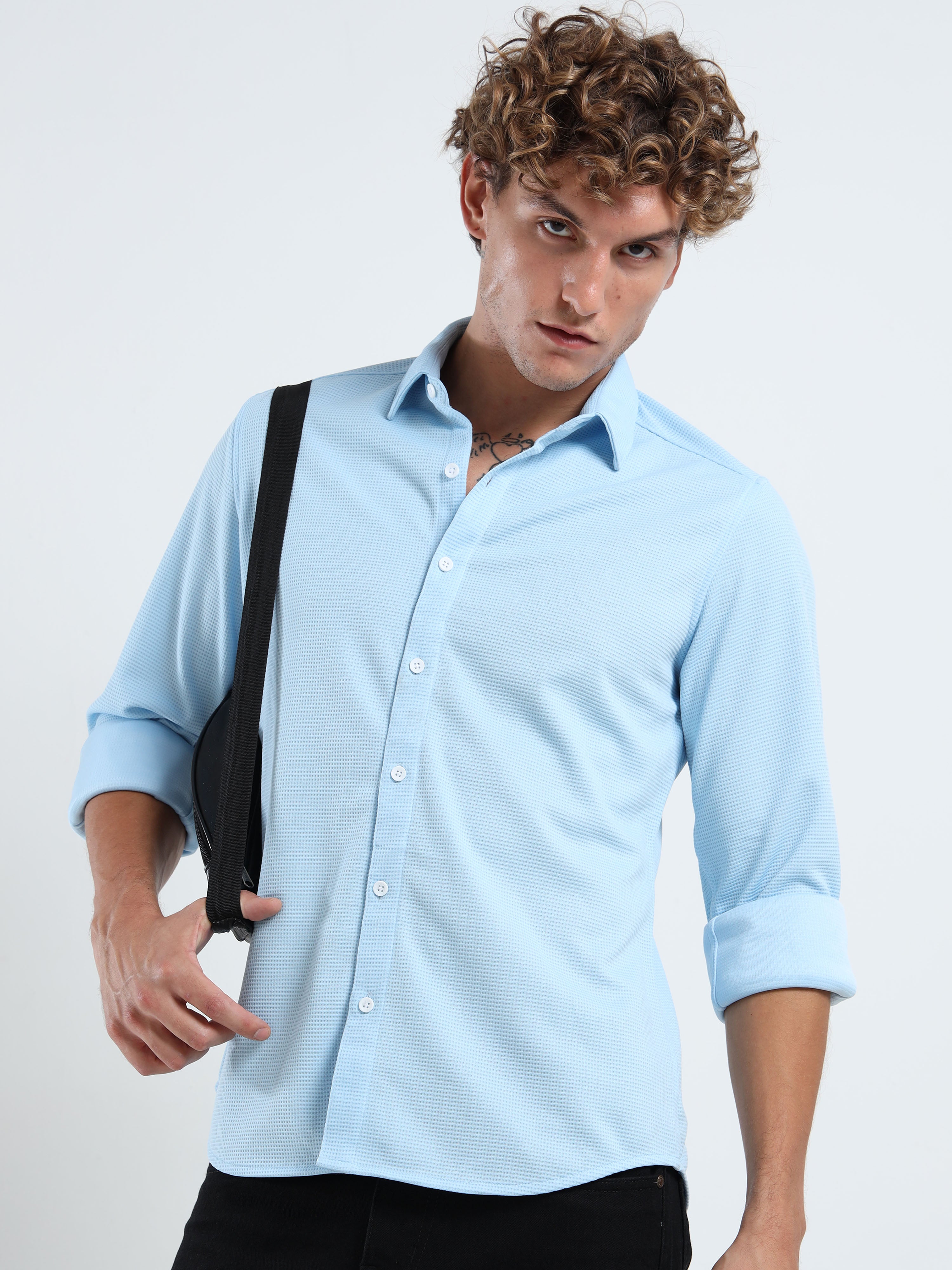 Men’s Sky Blue Textured Micro-Pattern Shirt