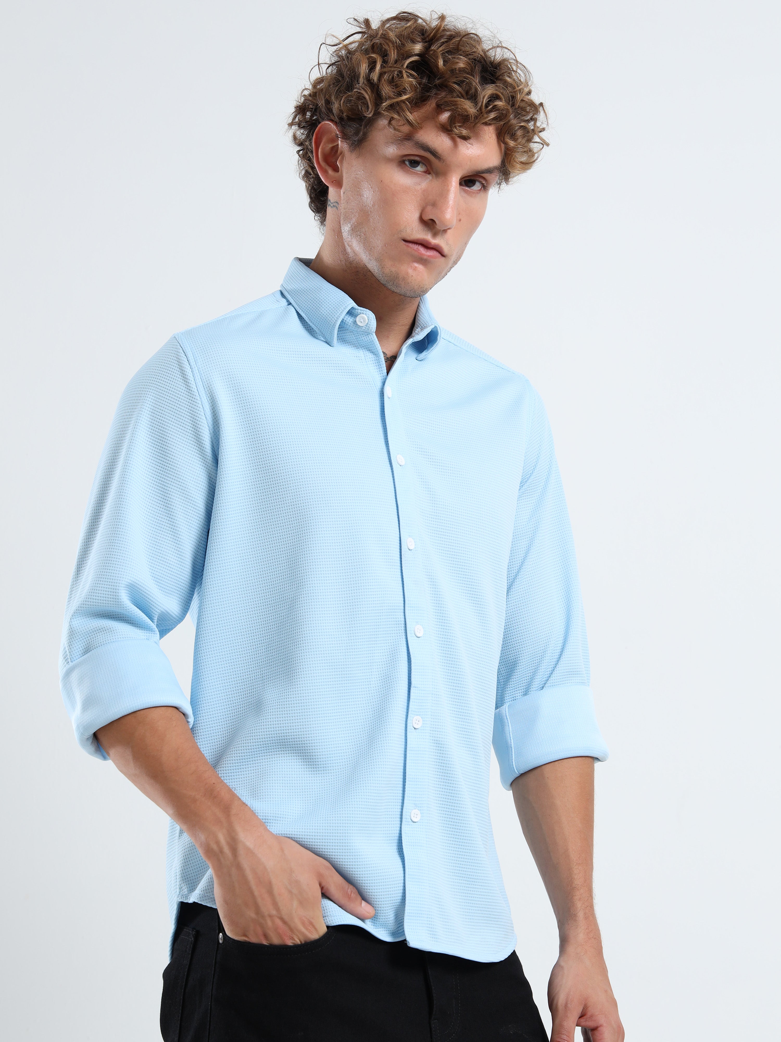 Men’s Sky Blue Textured Micro-Pattern Shirt