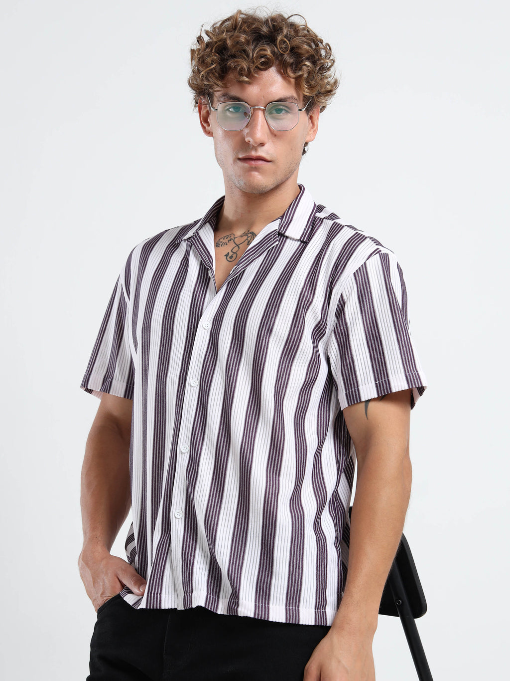 Men's Maroon Vertical Stripe Cuban Shirt