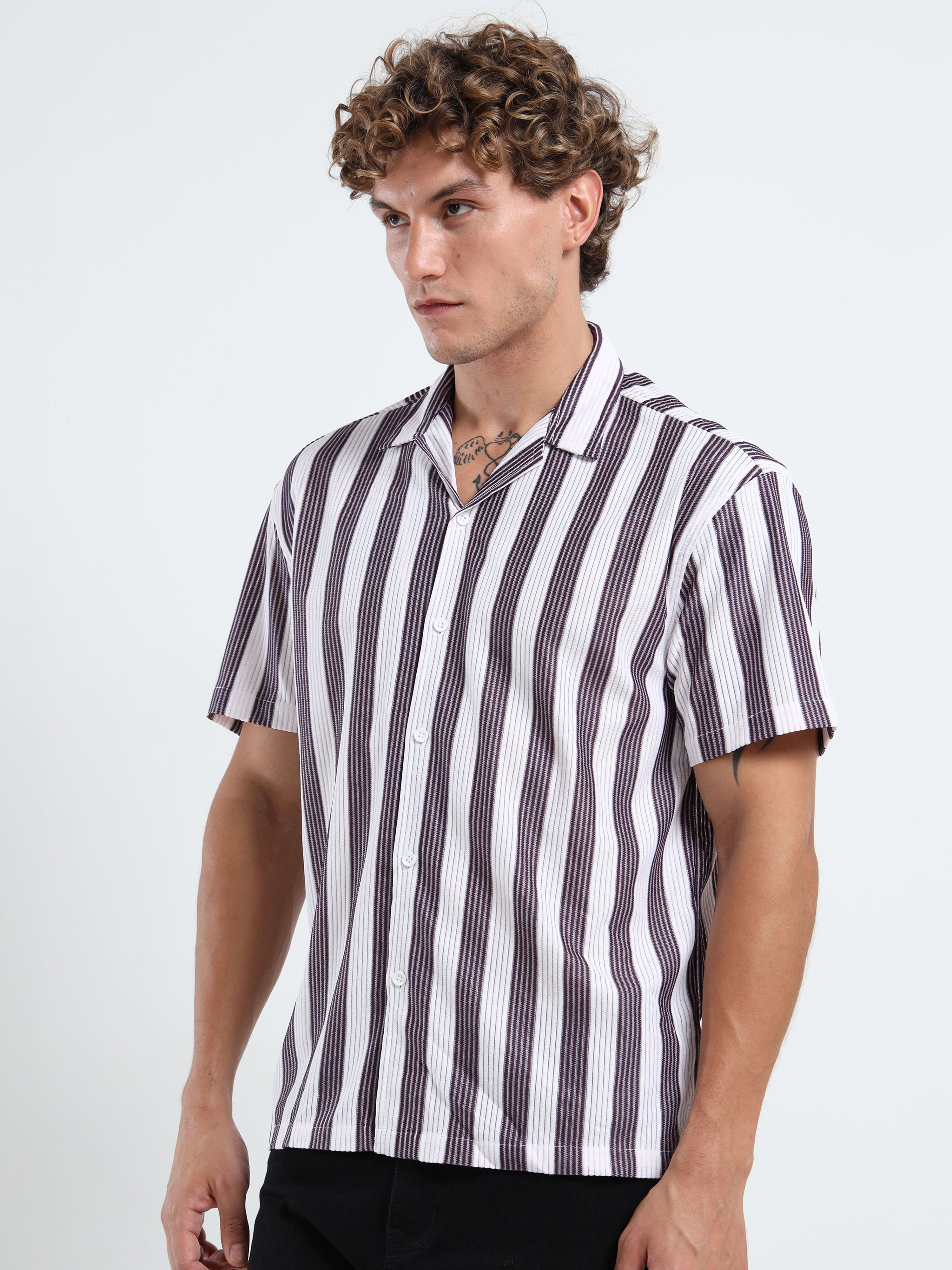 Men's Maroon Vertical Stripe Cuban Shirt