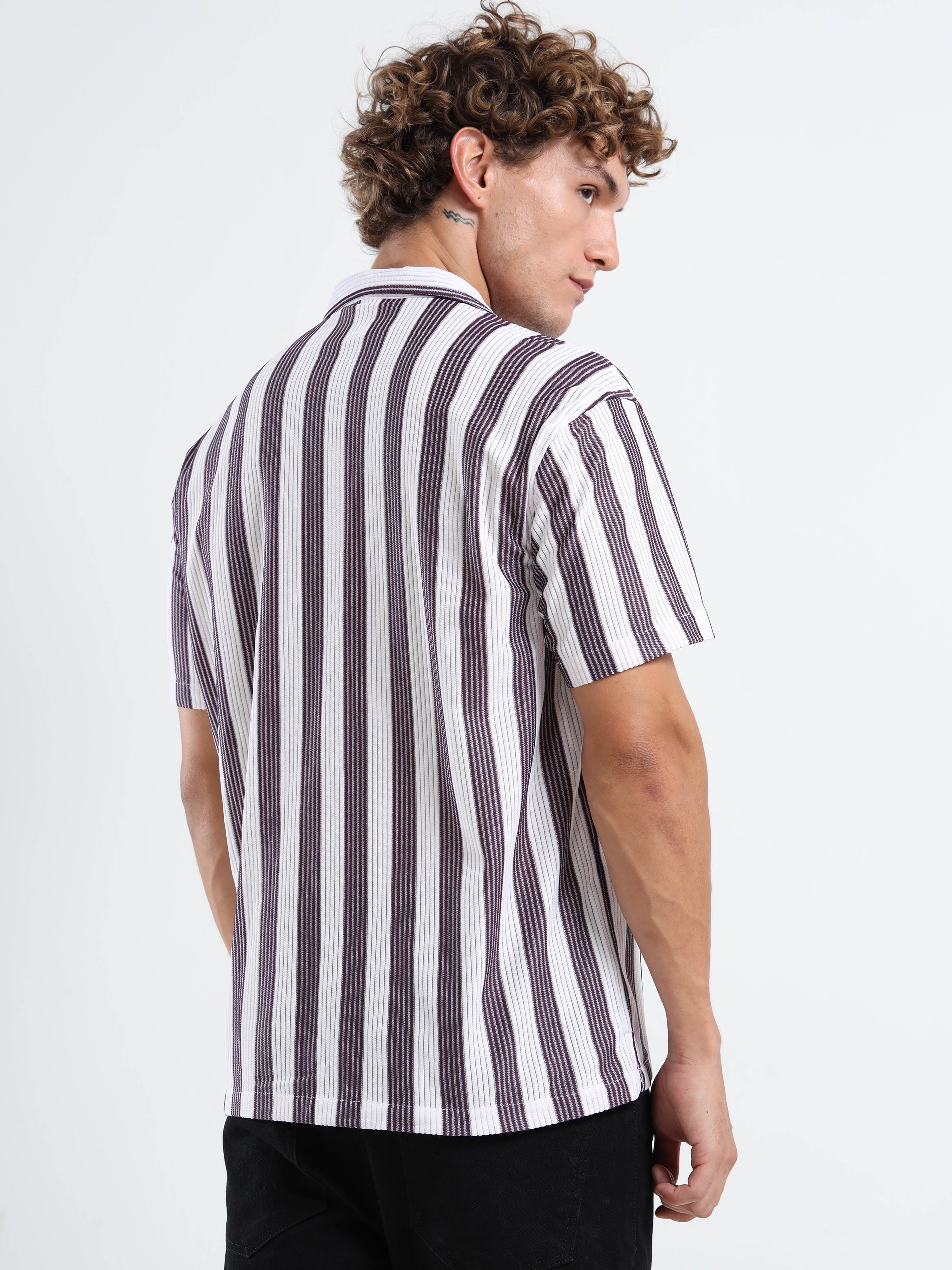 Men's Maroon Vertical Stripe Cuban Shirt
