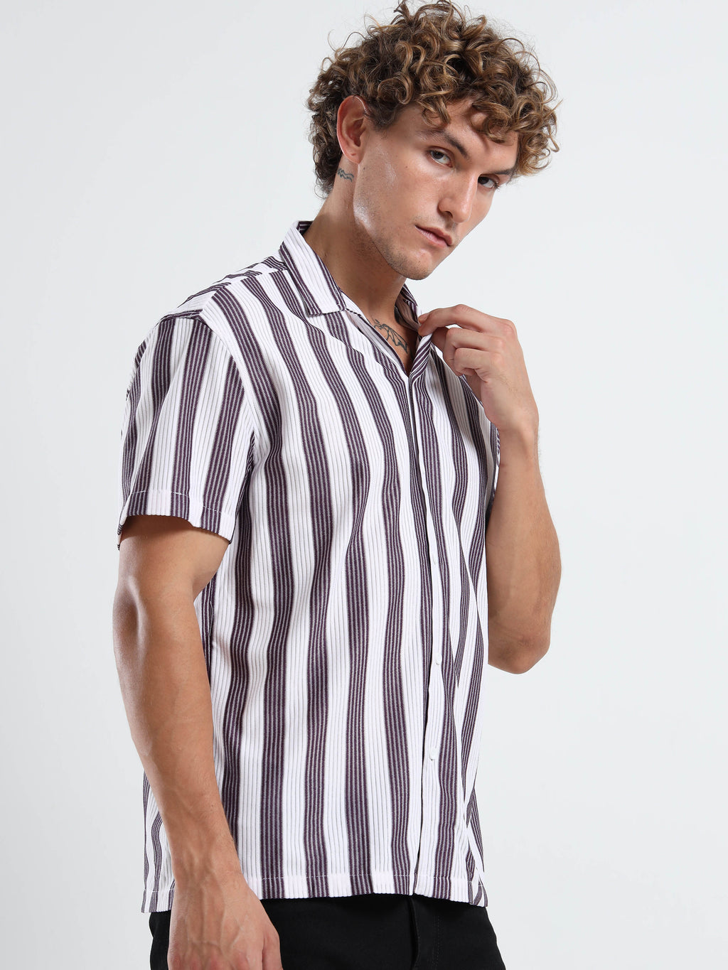 Men's Maroon Vertical Stripe Cuban Shirt