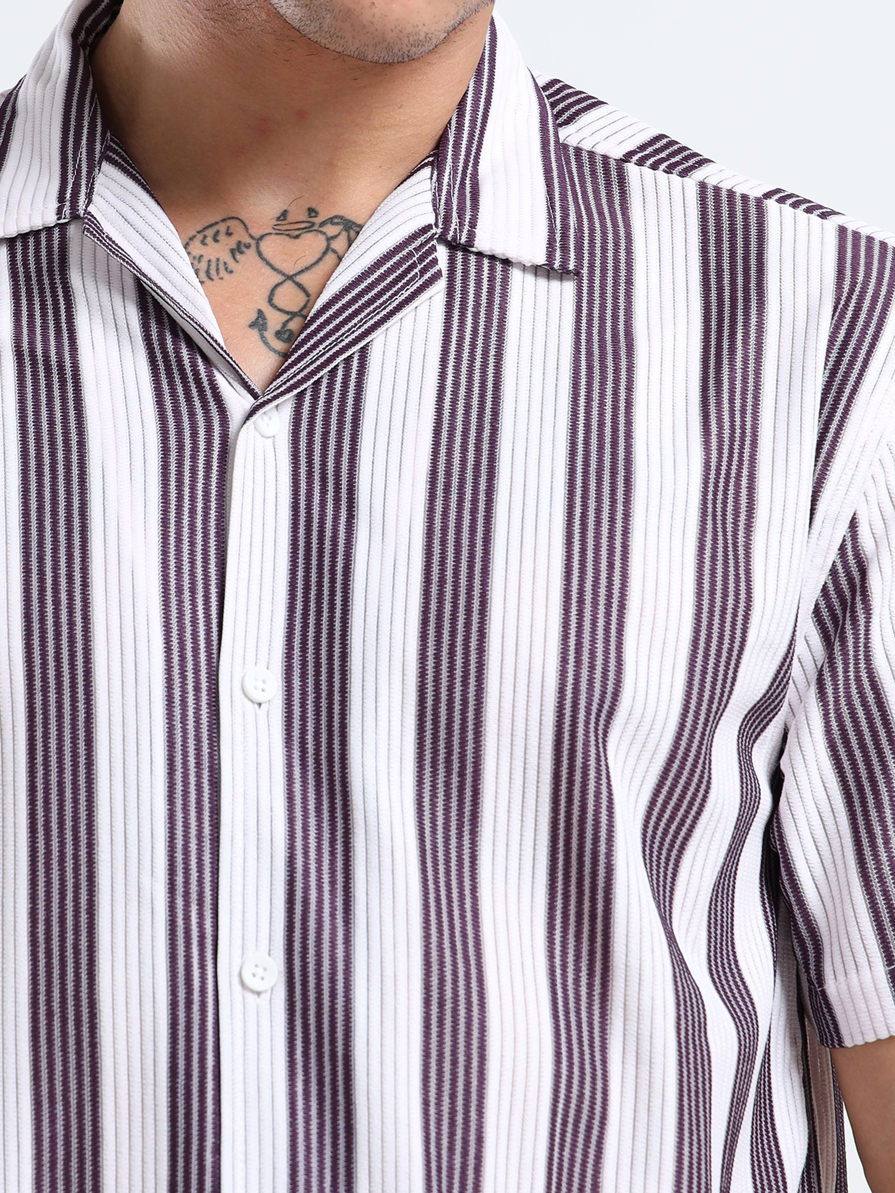 Men's Maroon Vertical Stripe Cuban Shirt
