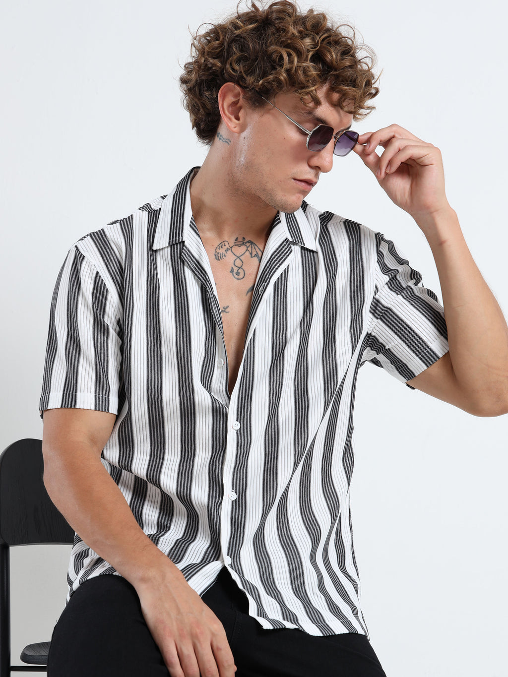 Men's Black Vertical Stripe Cuban Shirt