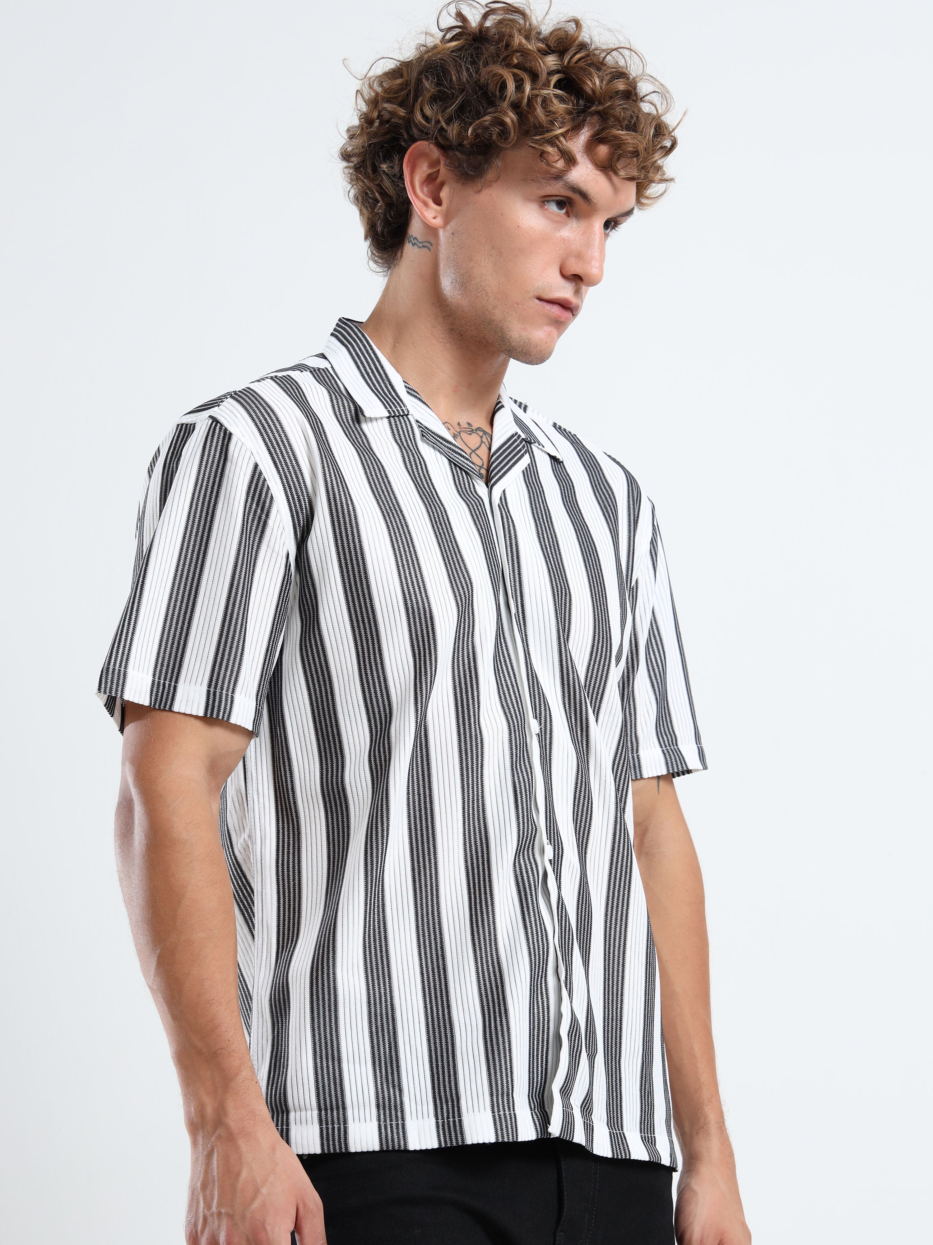 Men's Black Vertical Stripe Cuban Shirt