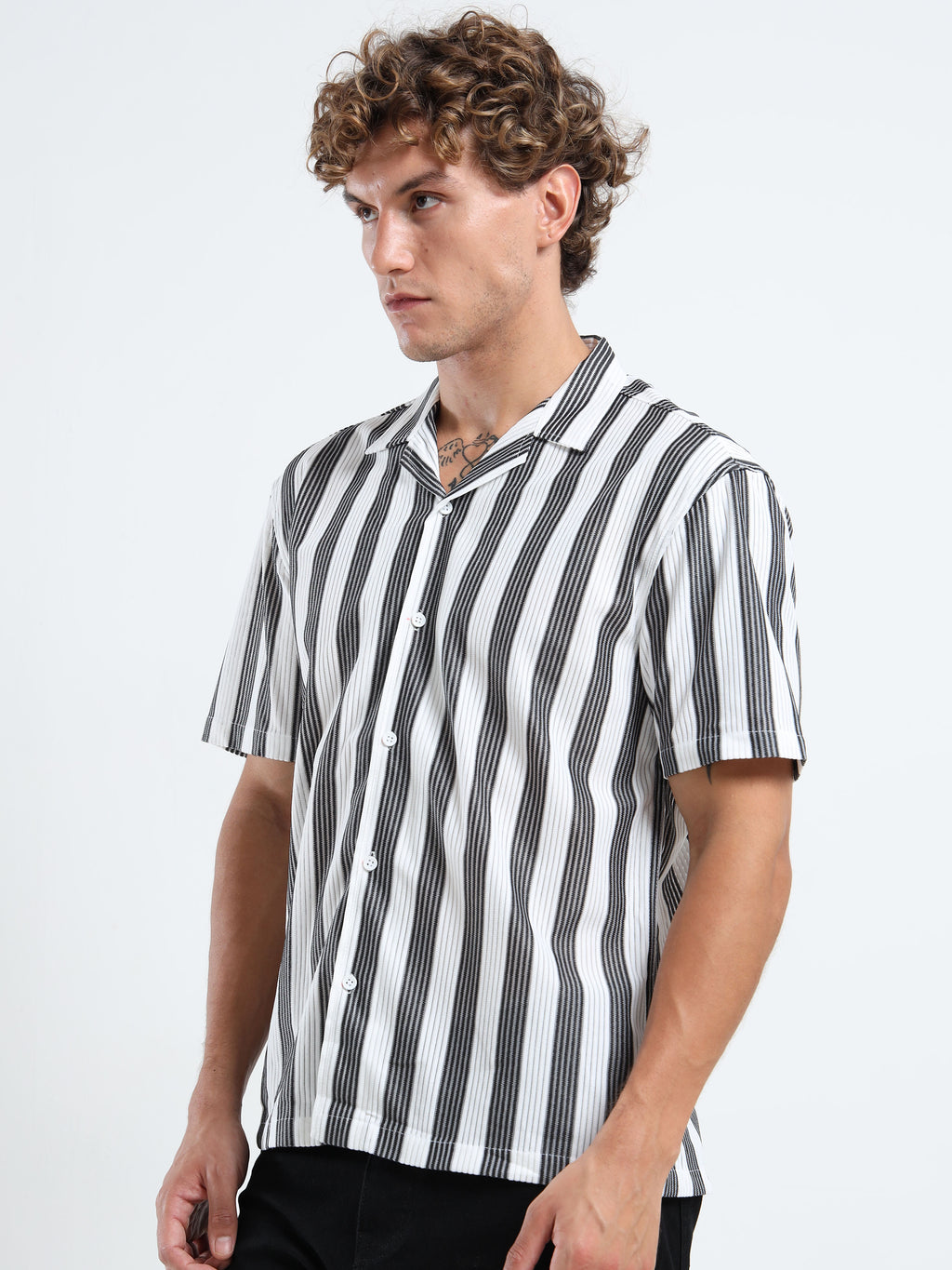 Men's Black Vertical Stripe Cuban Shirt