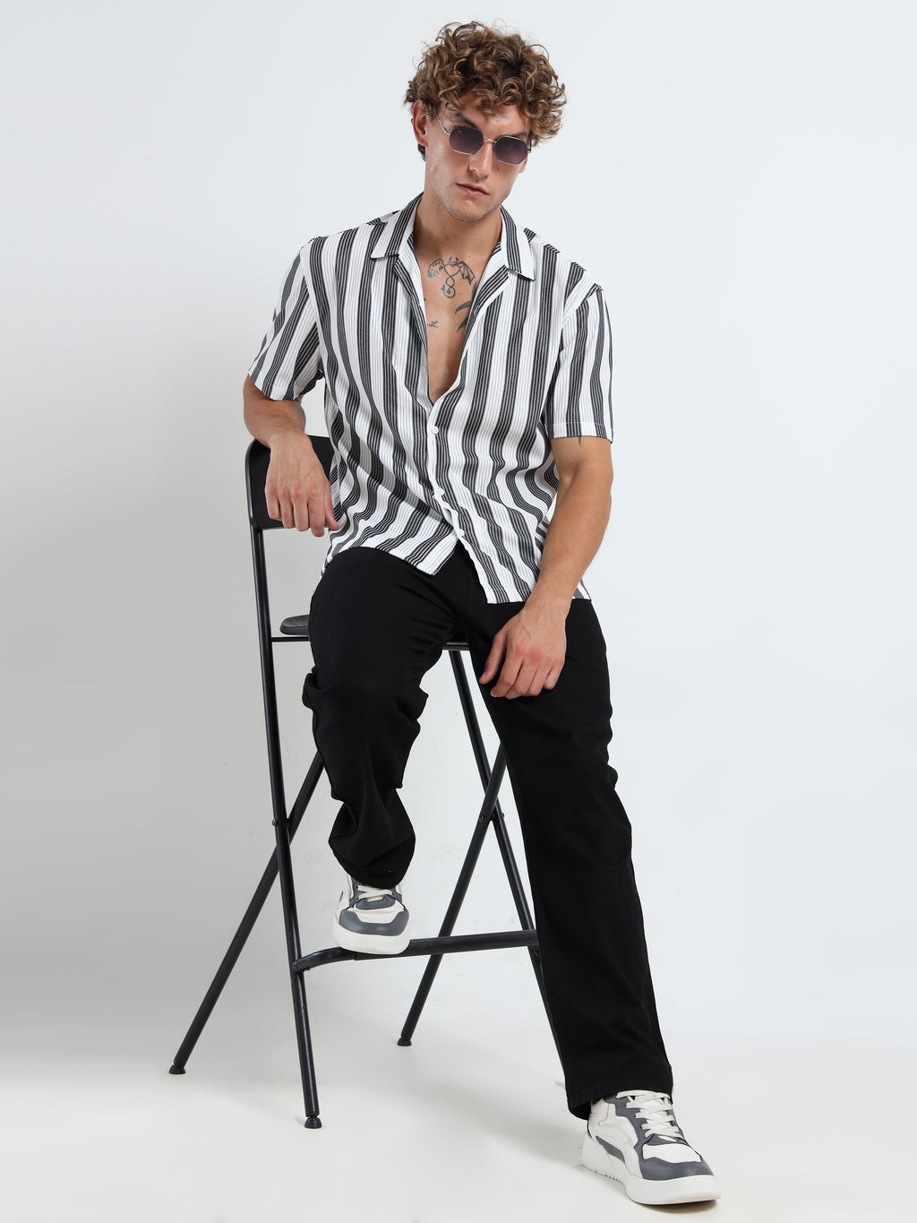 Men's Black Vertical Stripe Cuban Shirt