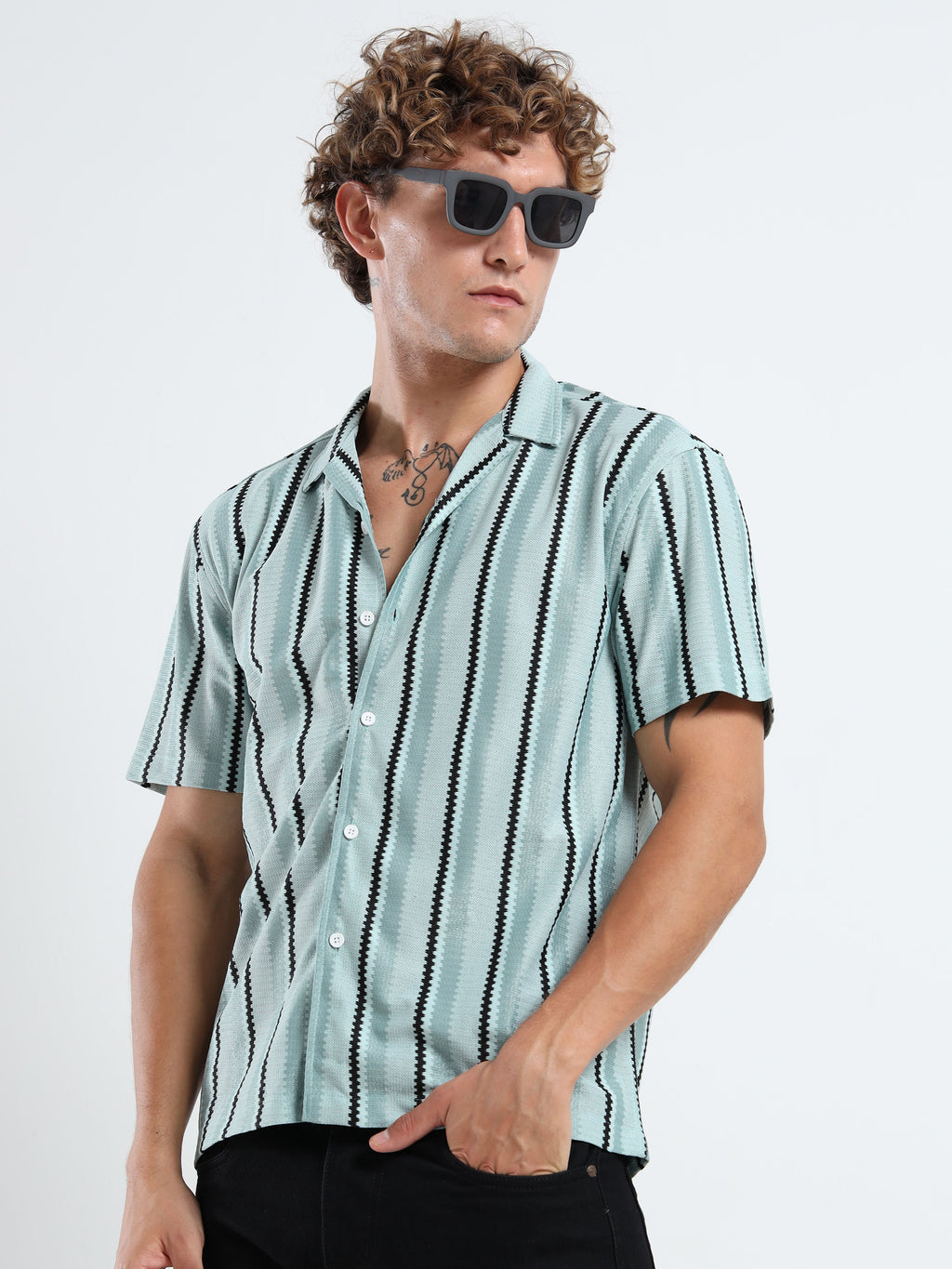 Men's  Mint Green Striped Knit Shirt