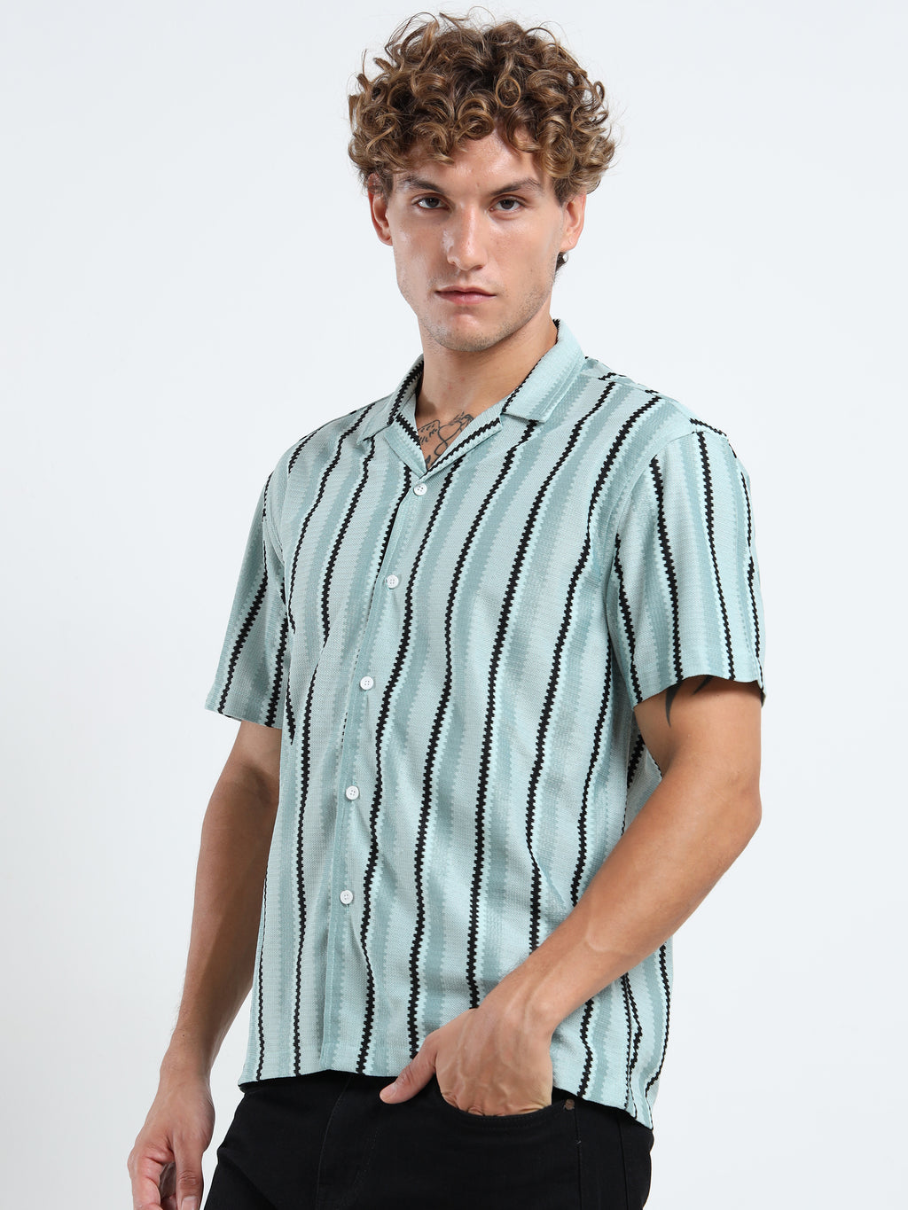 Men's  Mint Green Striped Knit Shirt