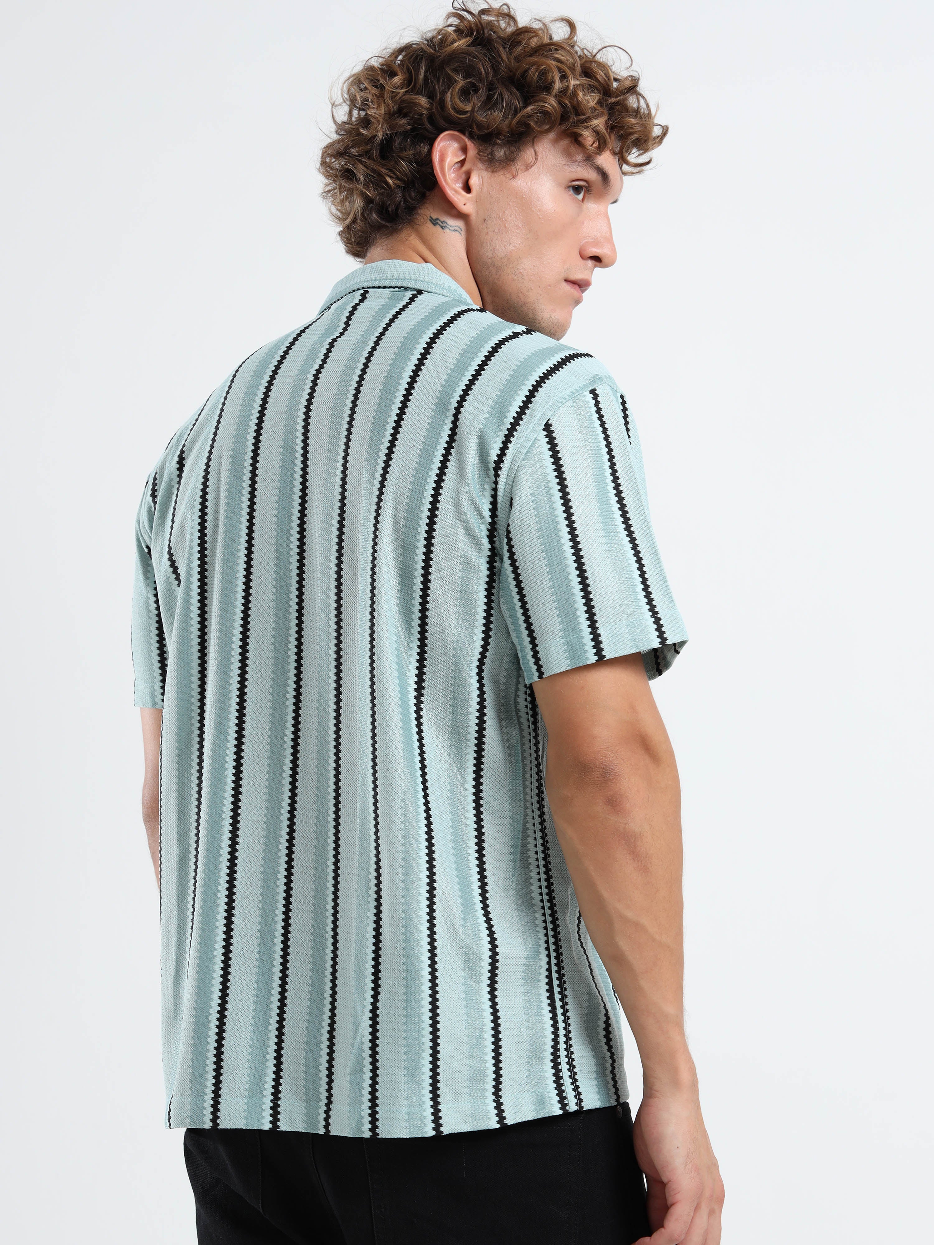 Men's  Mint Green Striped Knit Shirt