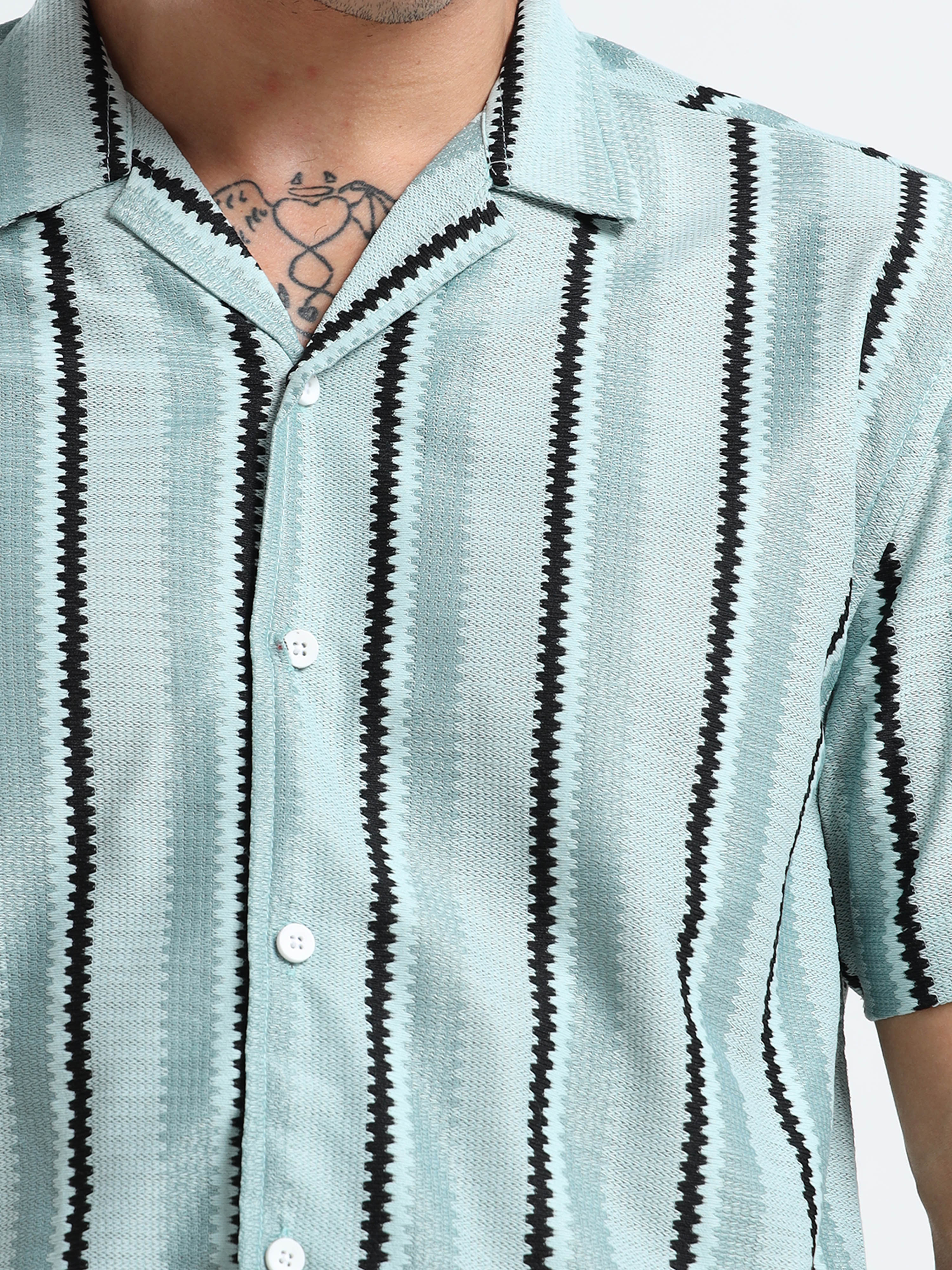 Men's  Mint Green Striped Knit Shirt