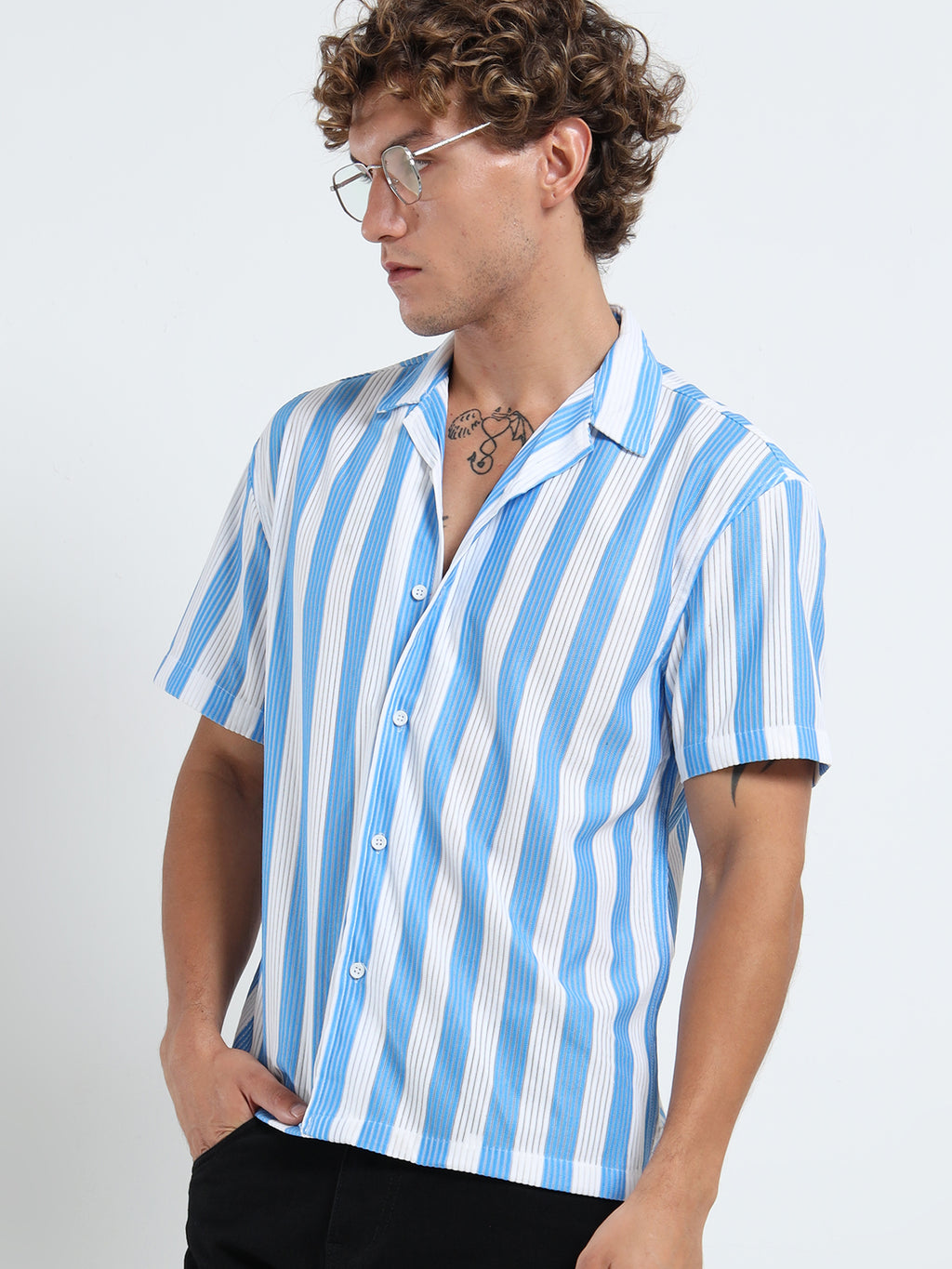 Men's Sky Blue Vertical Stripe Cuban Shirt