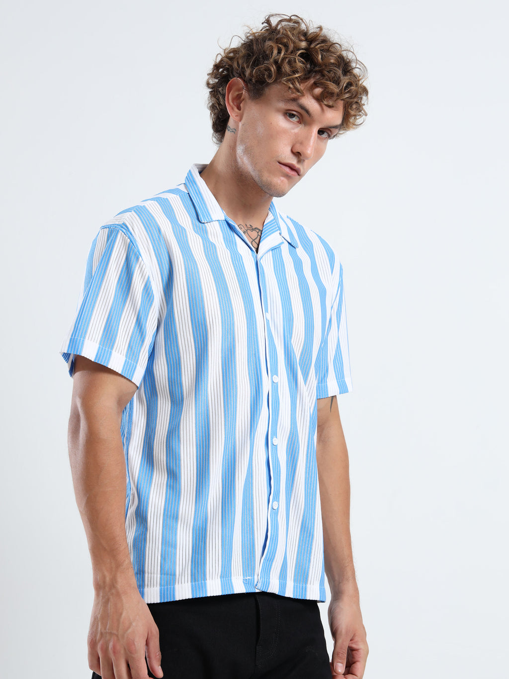 Men's Sky Blue Vertical Stripe Cuban Shirt