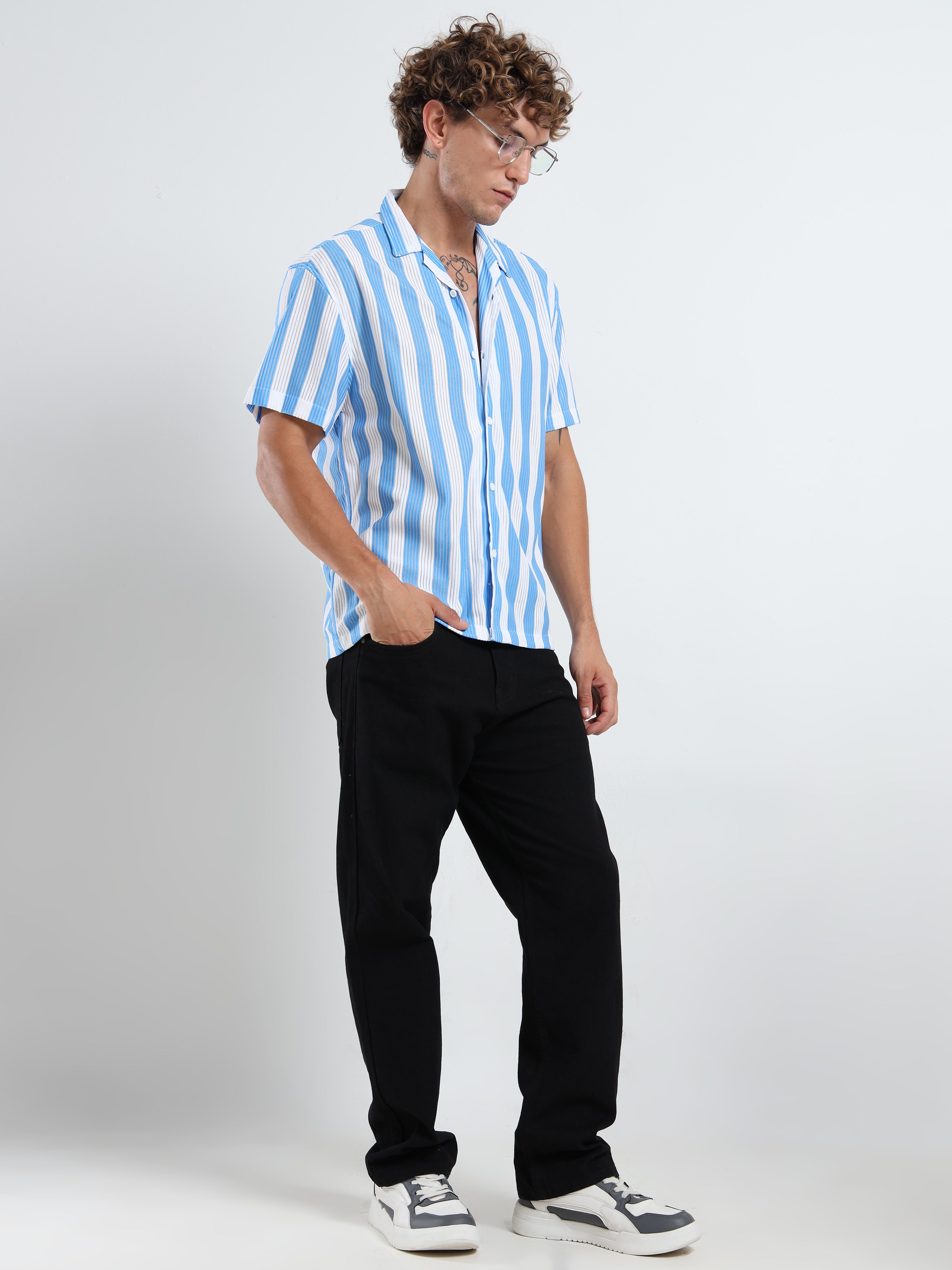 Men's Sky Blue Vertical Stripe Cuban Shirt