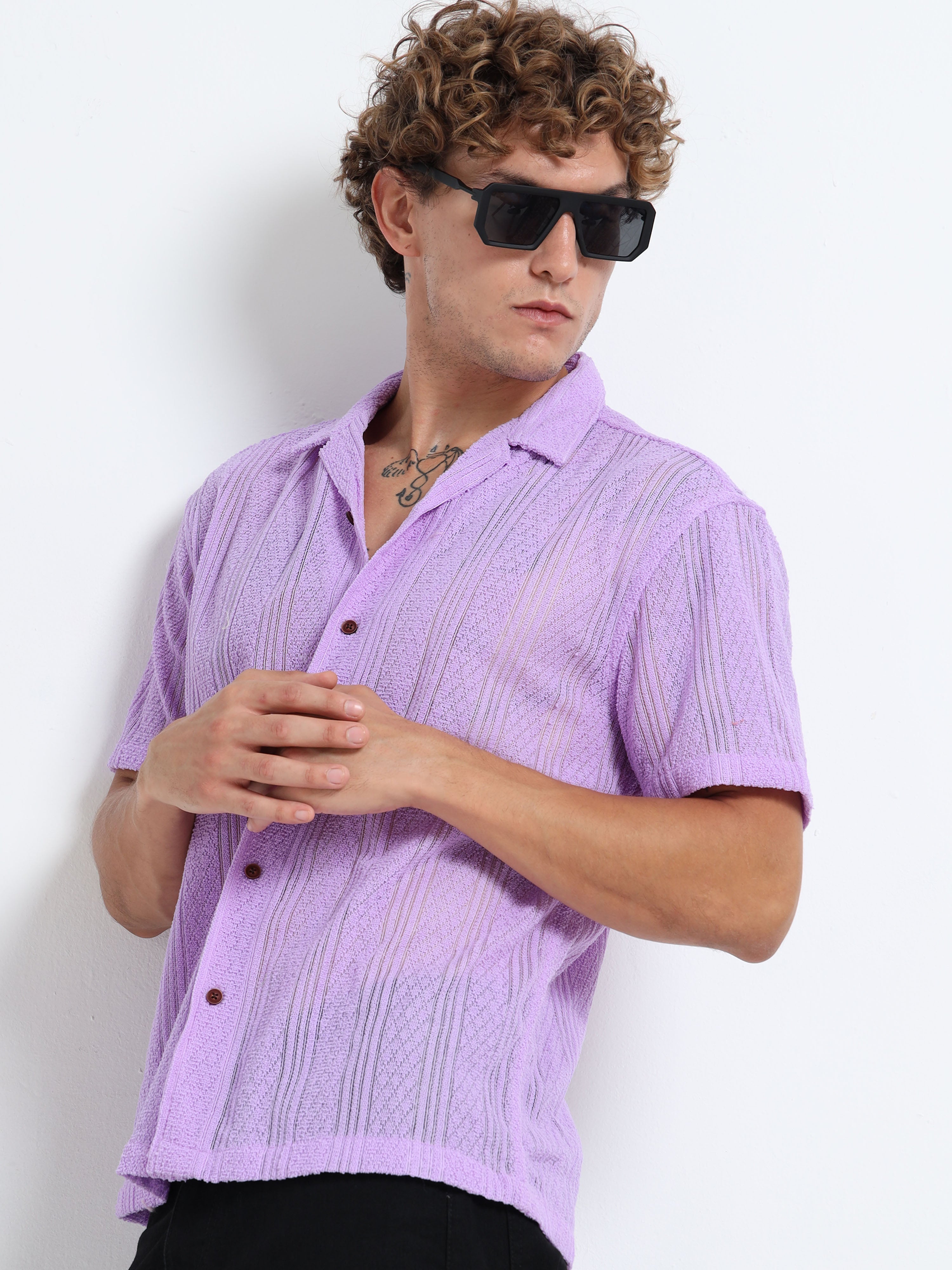 Men's Textured Cuban Collar Casual Lavender Shirt