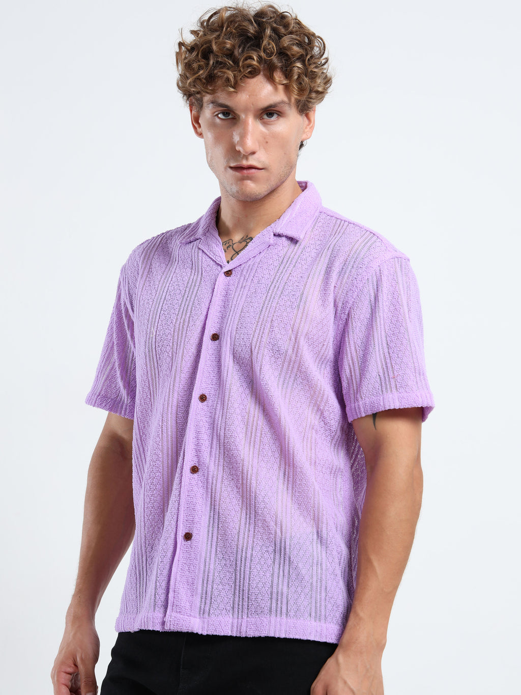 Men's Textured Cuban Collar Casual Lavender Shirt