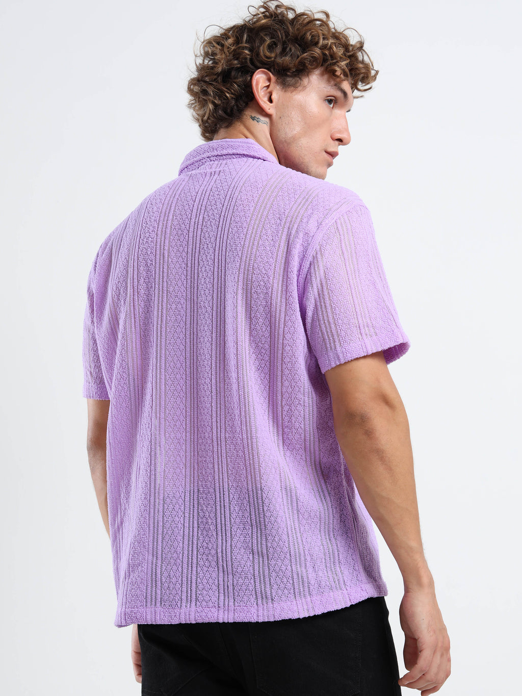 Men's Textured Cuban Collar Casual Lavender Shirt