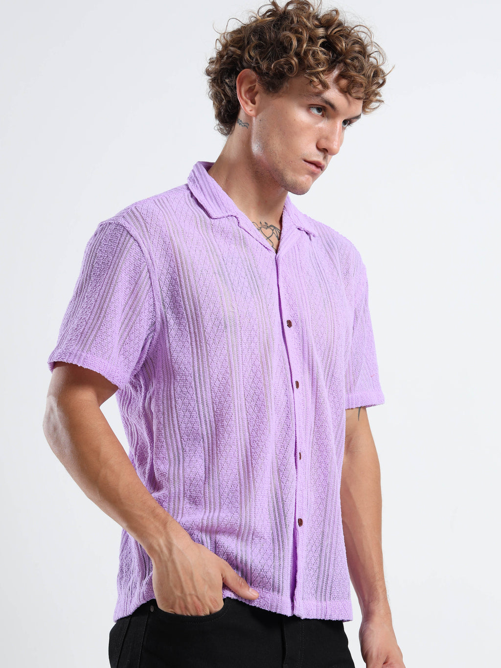 Men's Textured Cuban Collar Casual Lavender Shirt