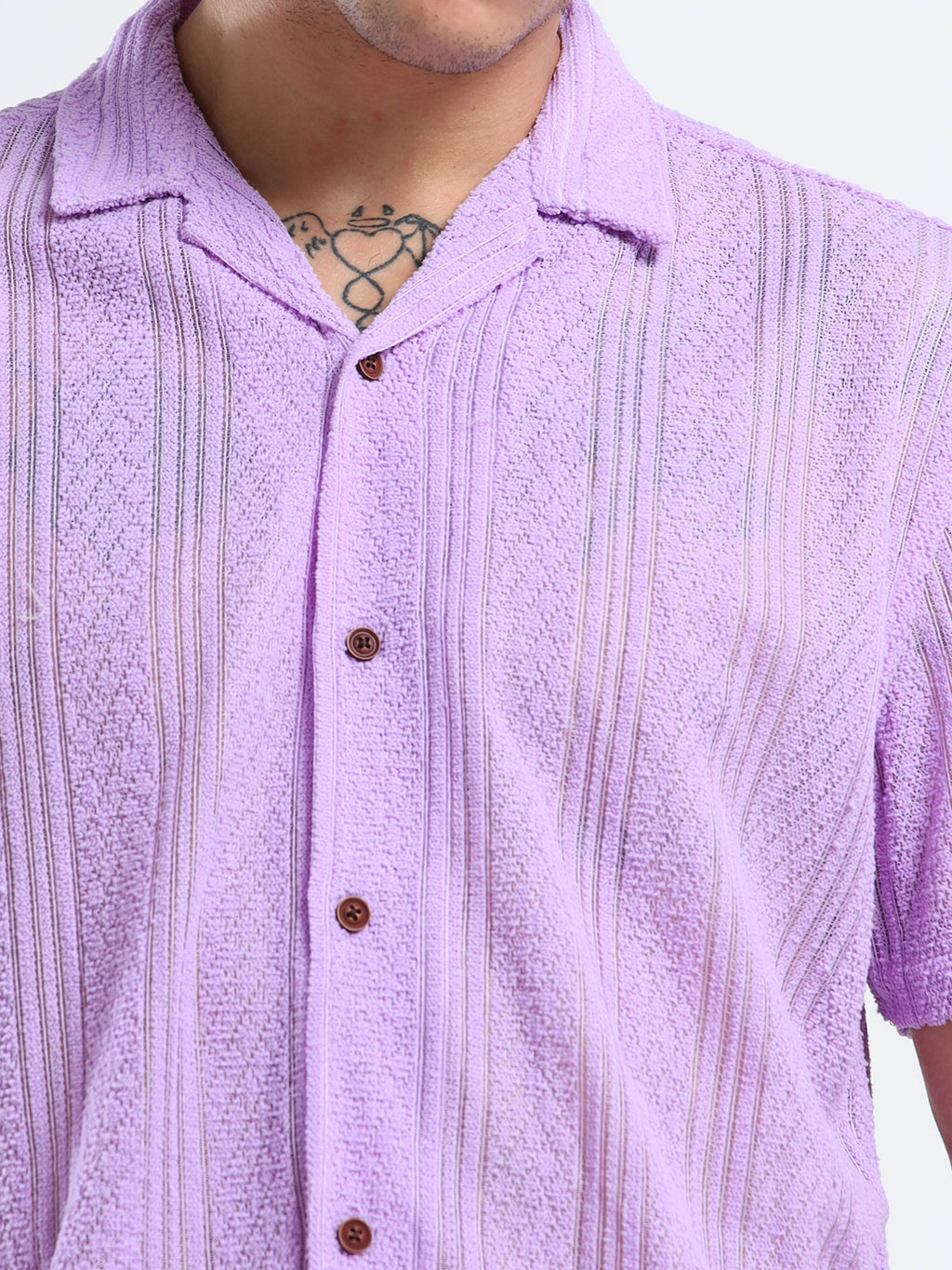 Men's Textured Cuban Collar Casual Lavender Shirt