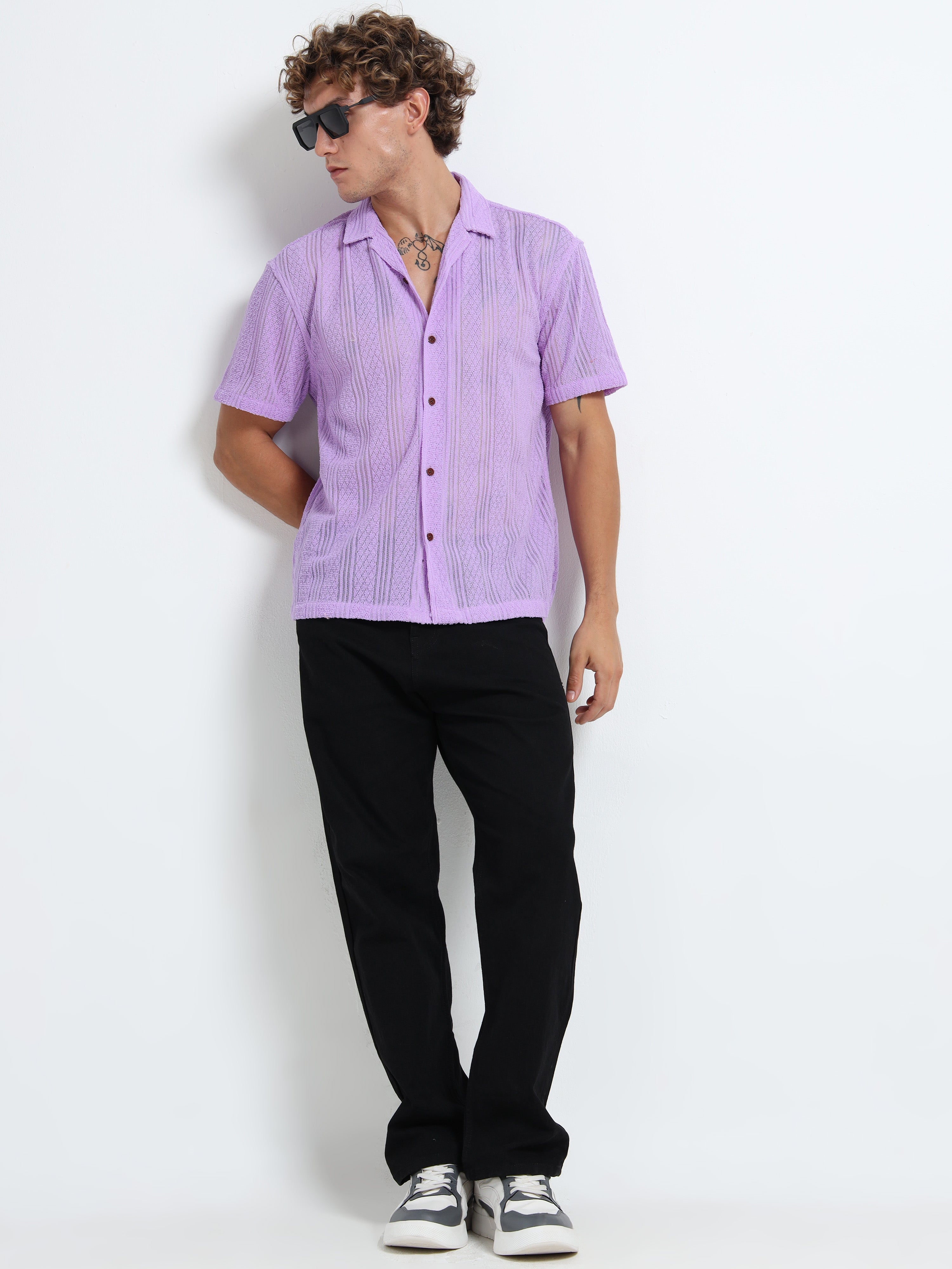 Men's Textured Cuban Collar Casual Lavender Shirt