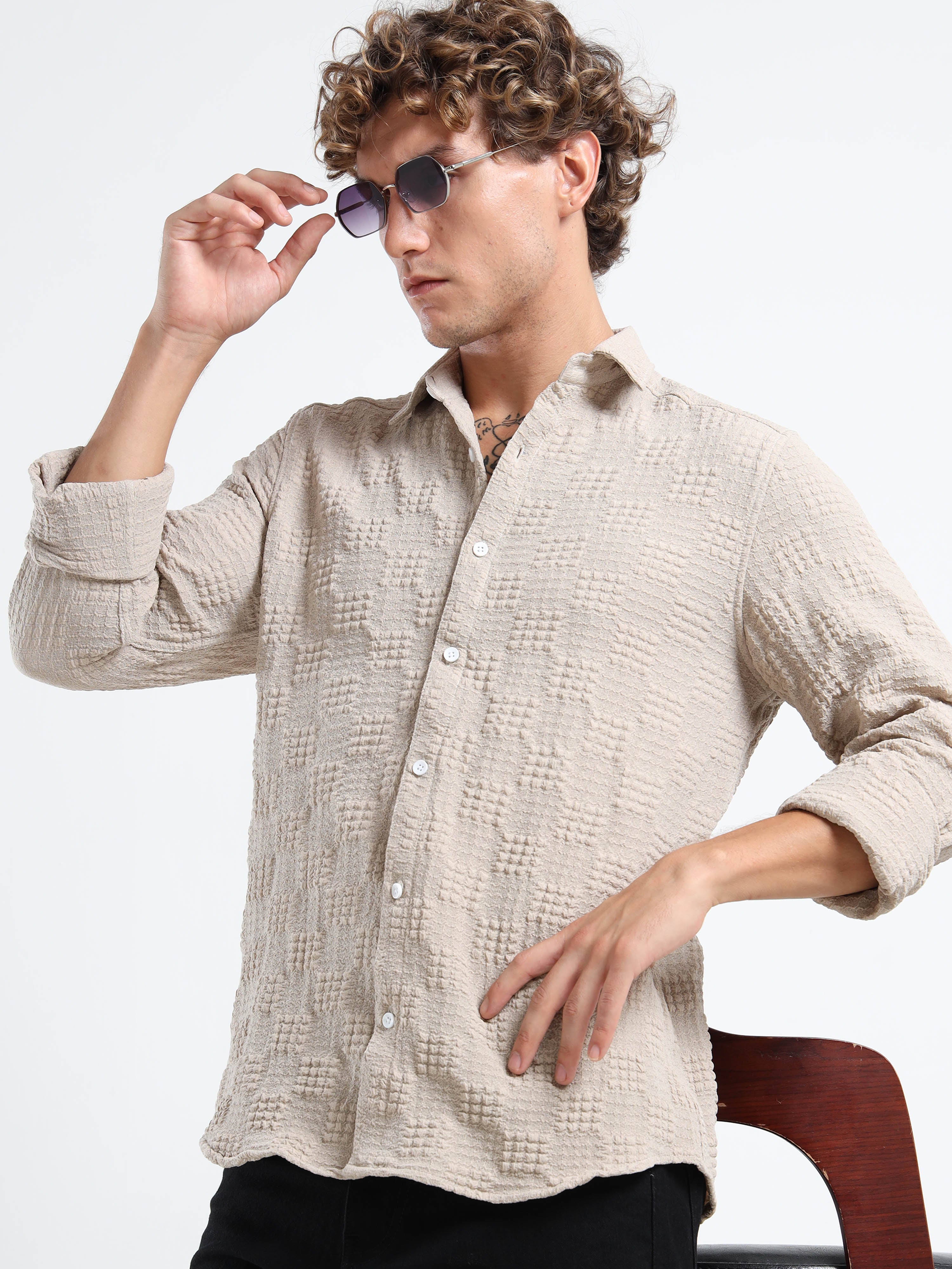 Men’s Beige Textured Check Casual Shirt