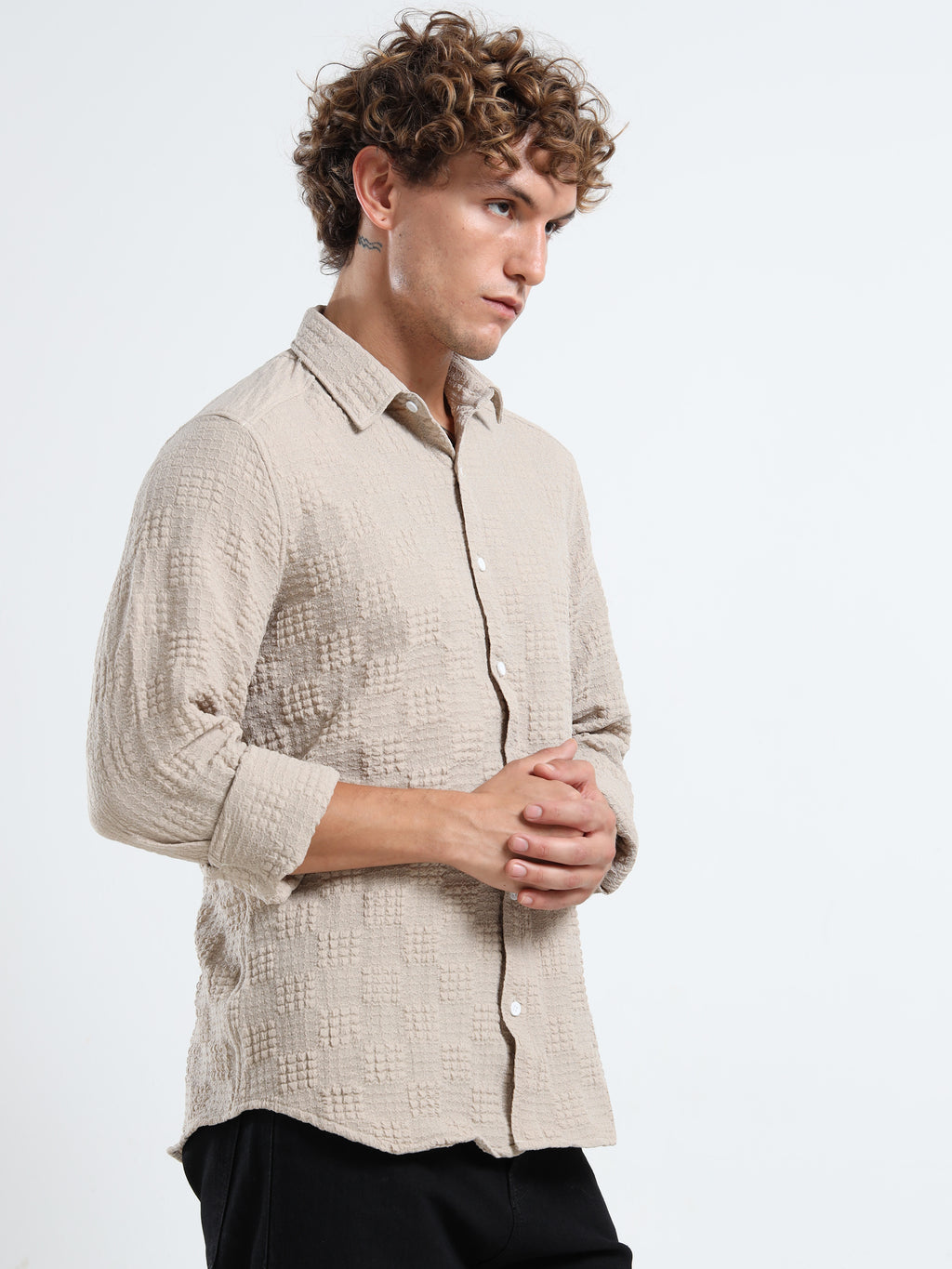 Men’s Beige Textured Check Casual Shirt
