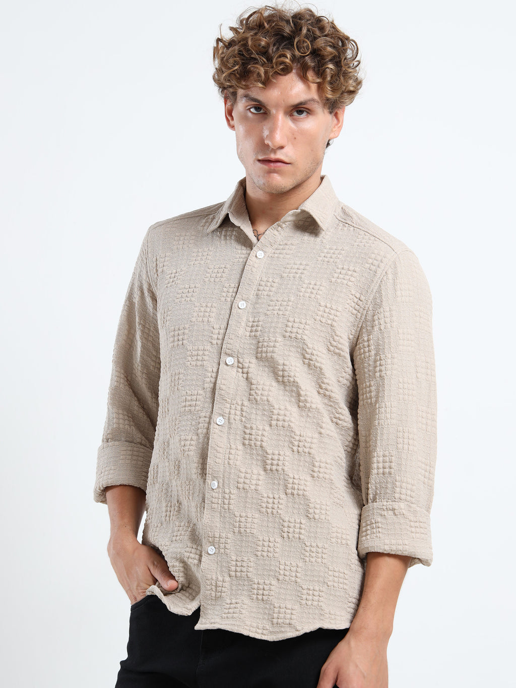 Men’s Beige Textured Check Casual Shirt