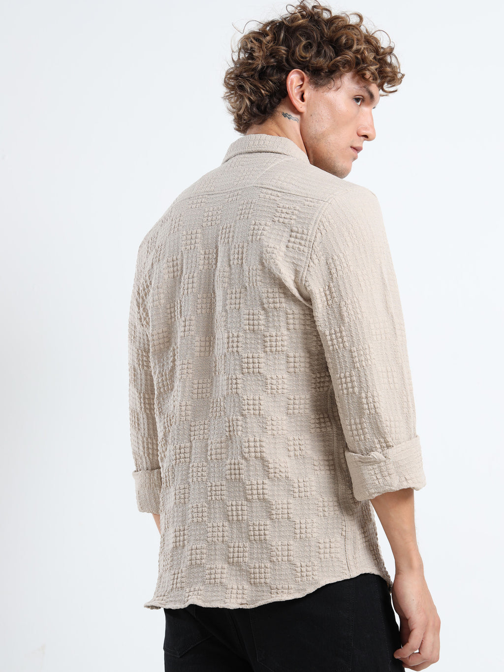 Men’s Beige Textured Check Casual Shirt