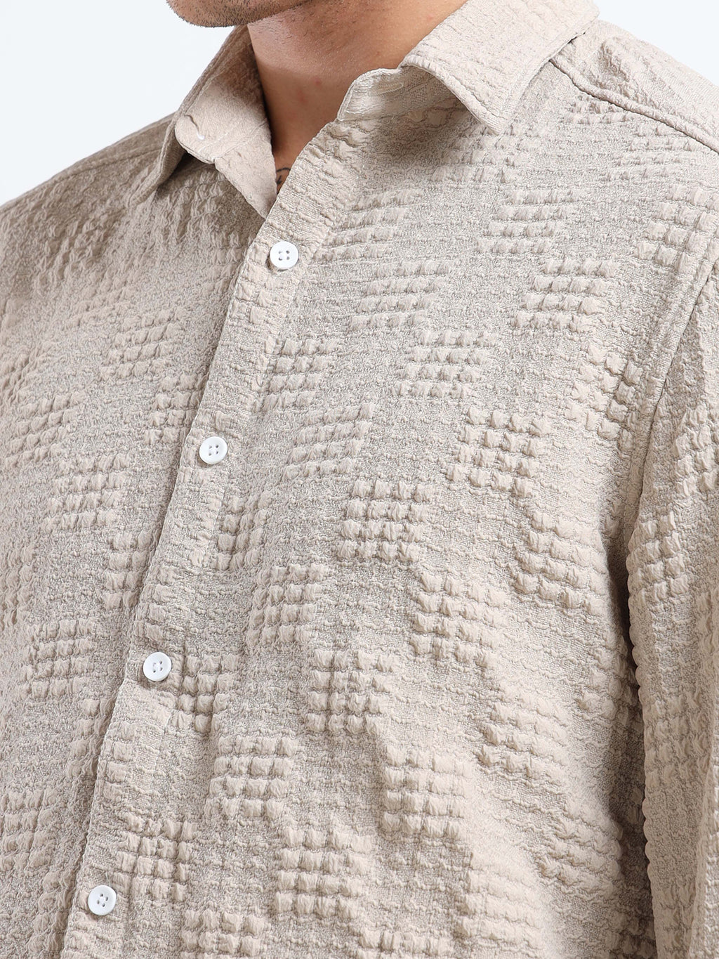 Men’s Beige Textured Check Casual Shirt