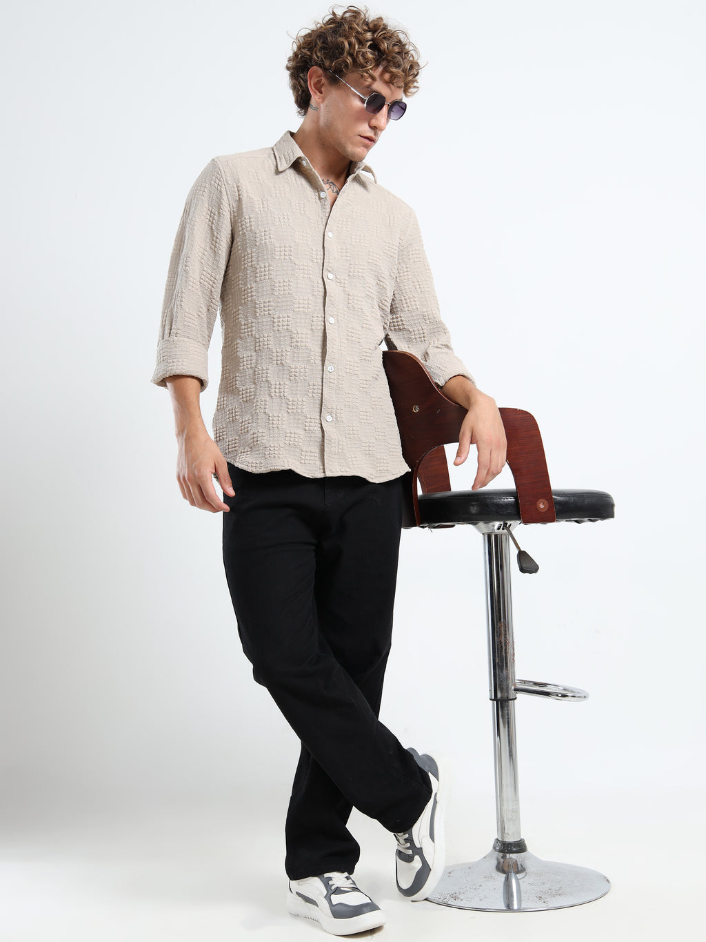 Men’s Beige Textured Check Casual Shirt
